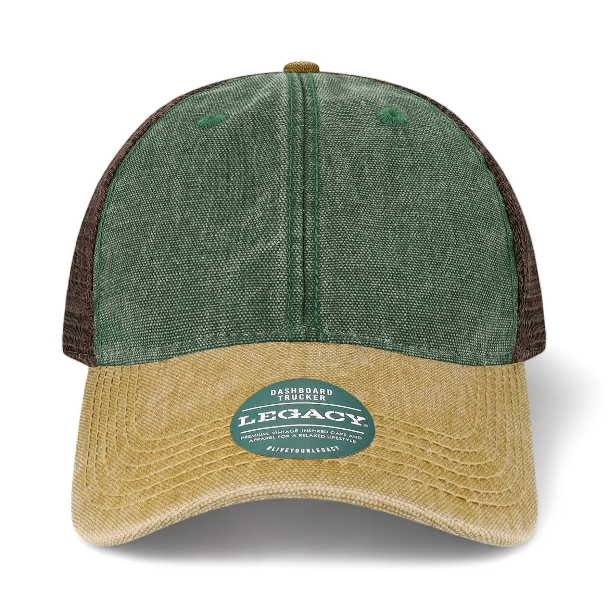 Front view of LEGACY DTA custom hat in green, camel and brown