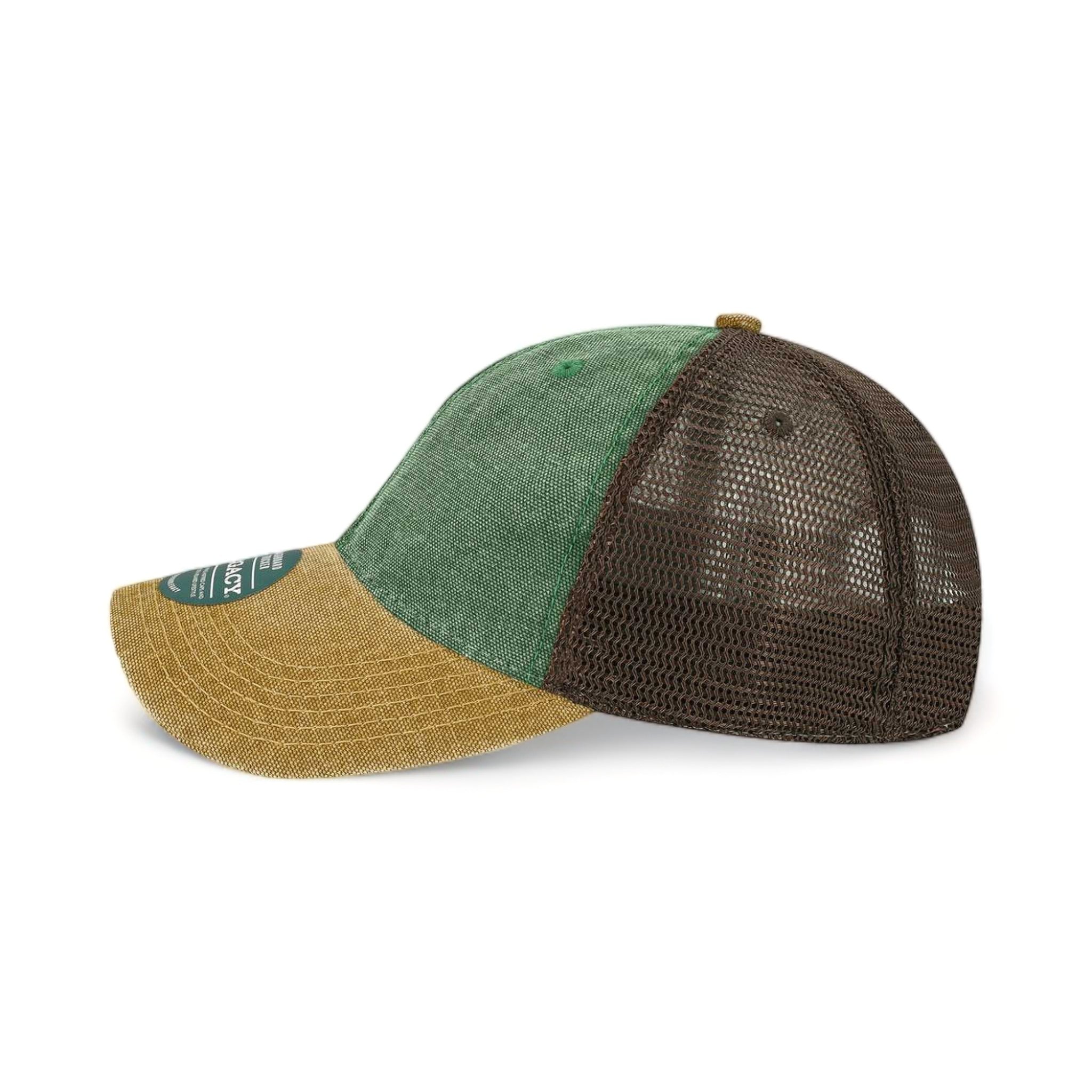 Side view of LEGACY DTA custom hat in green, camel and brown
