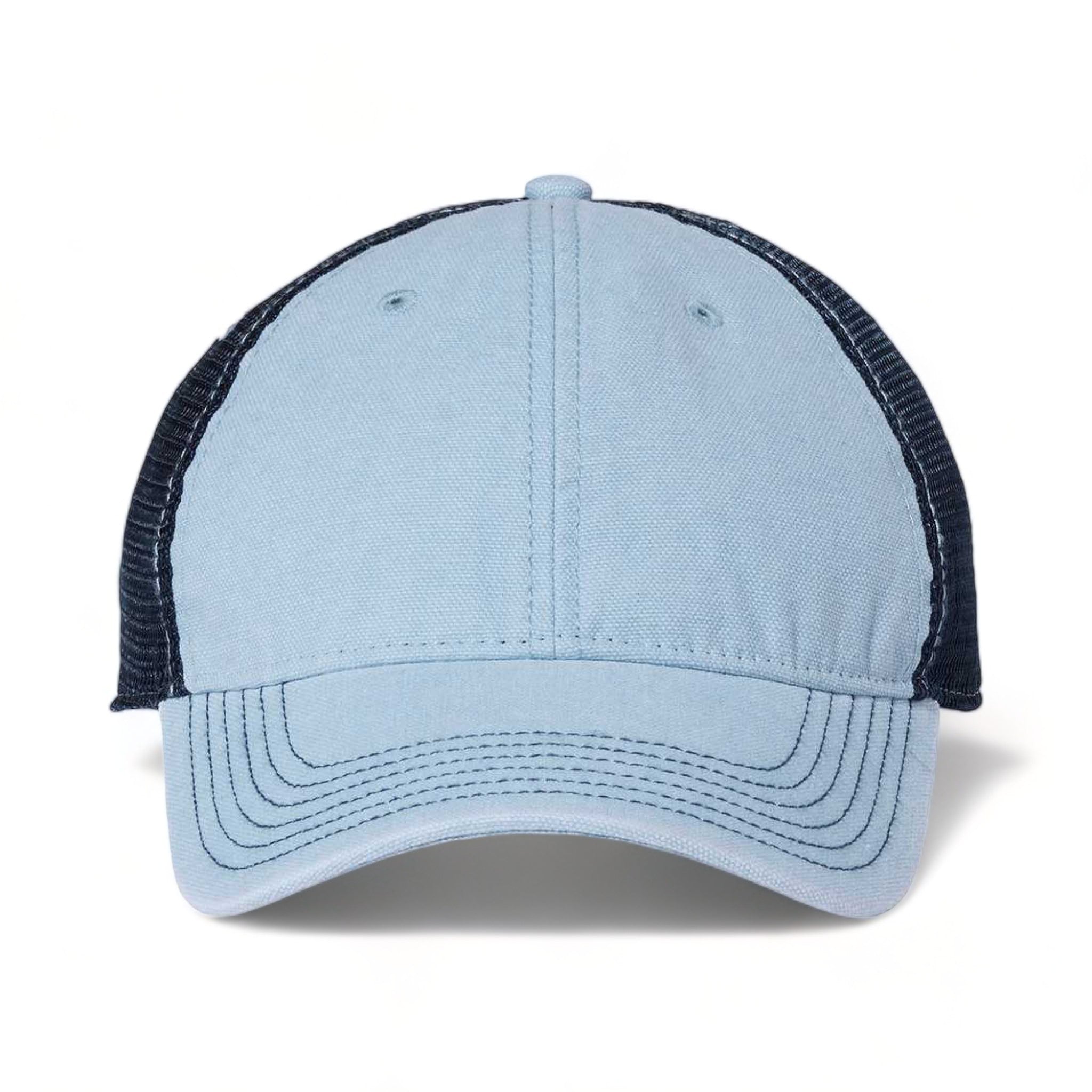 Front view of LEGACY DTA custom hat in light blue and navy