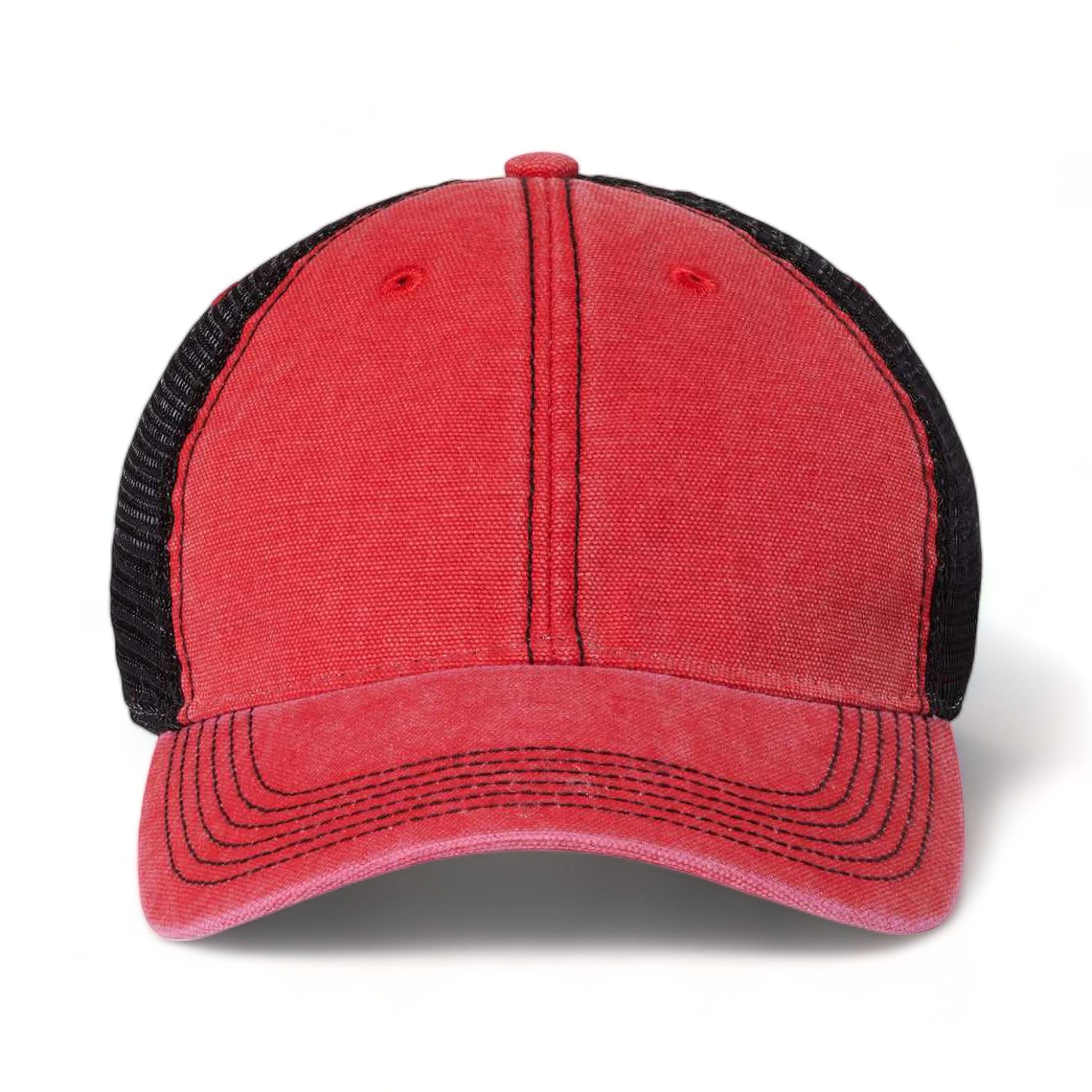 Front view of LEGACY DTA custom hat in scarlet red and black