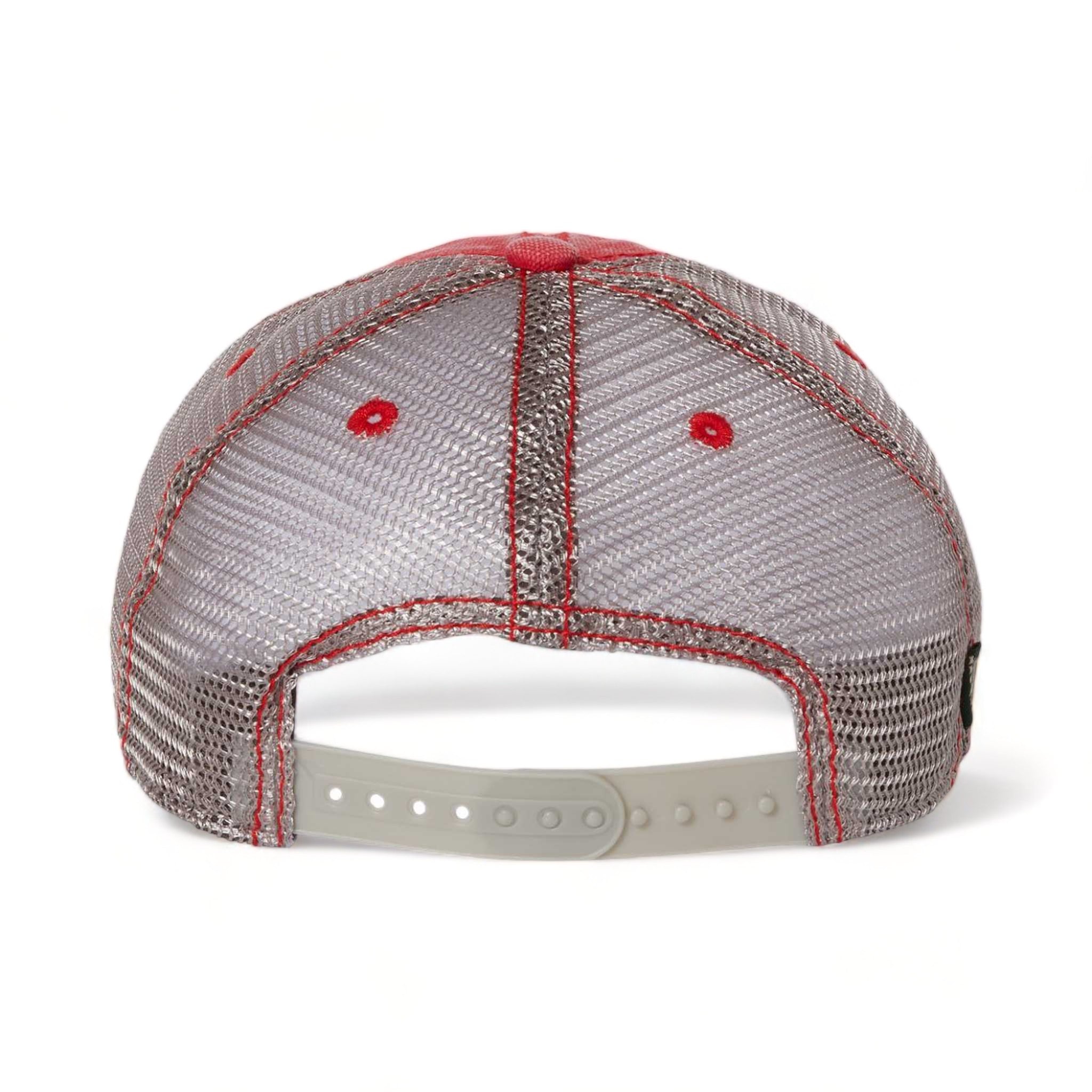 Back view of LEGACY DTA custom hat in scarlet red and grey