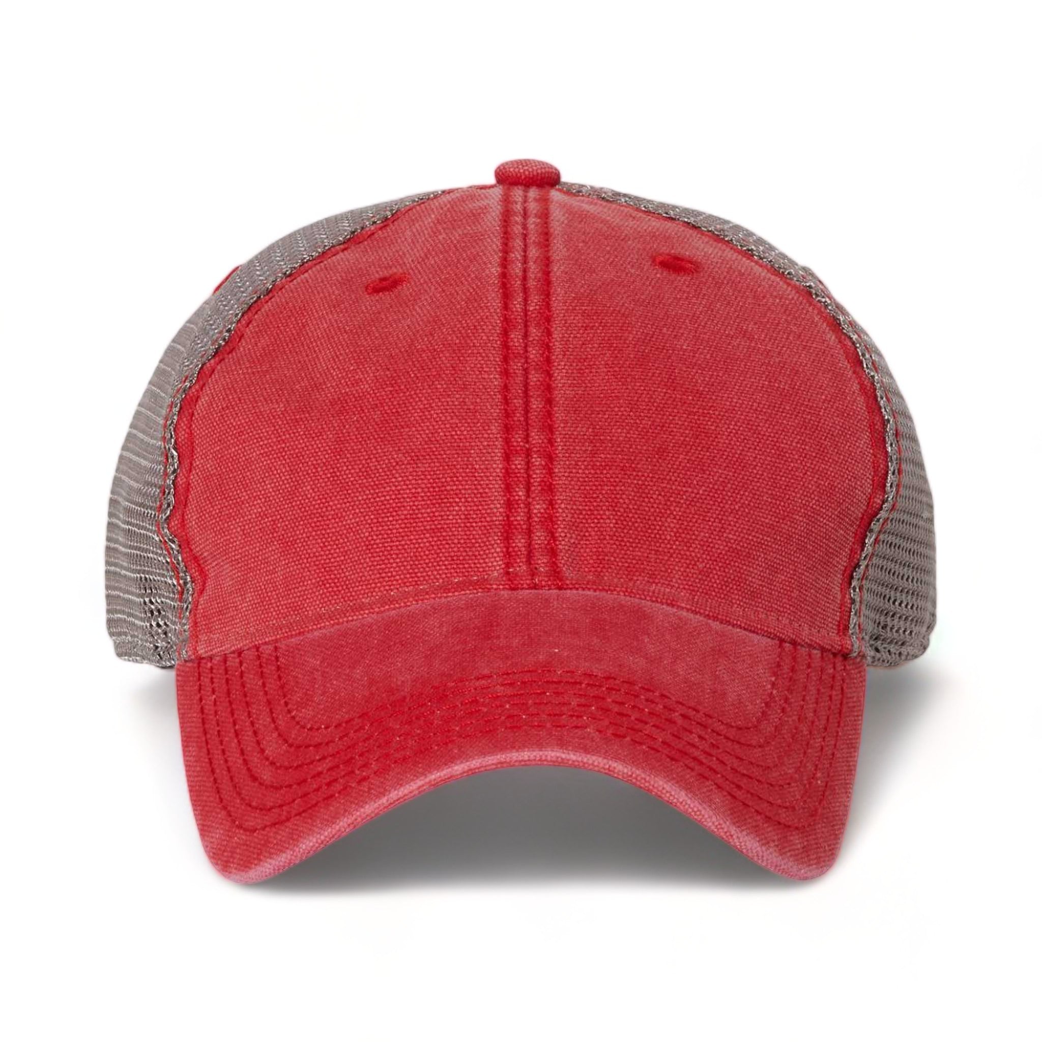 Front view of LEGACY DTA custom hat in scarlet red and grey