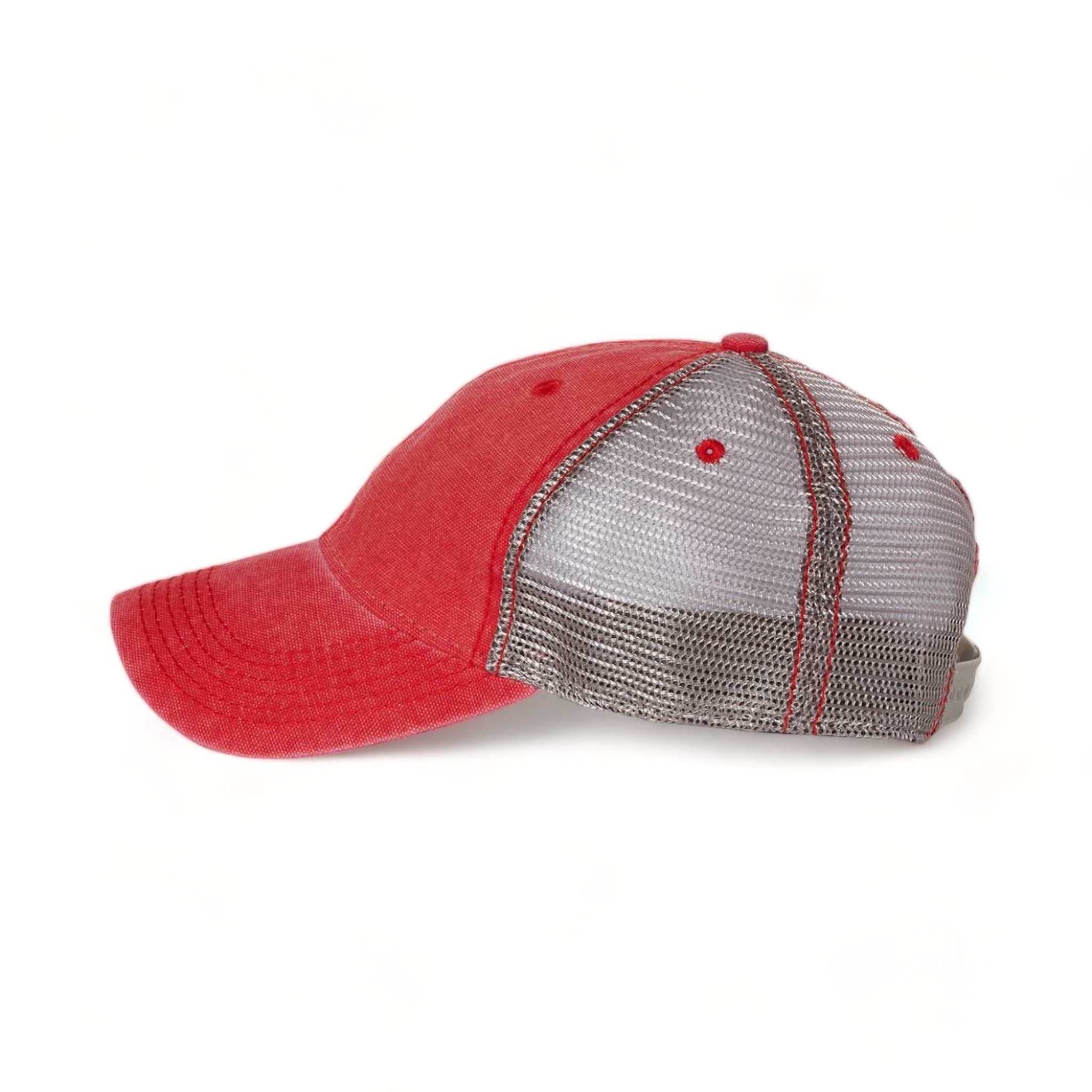 Side view of LEGACY DTA custom hat in scarlet red and grey