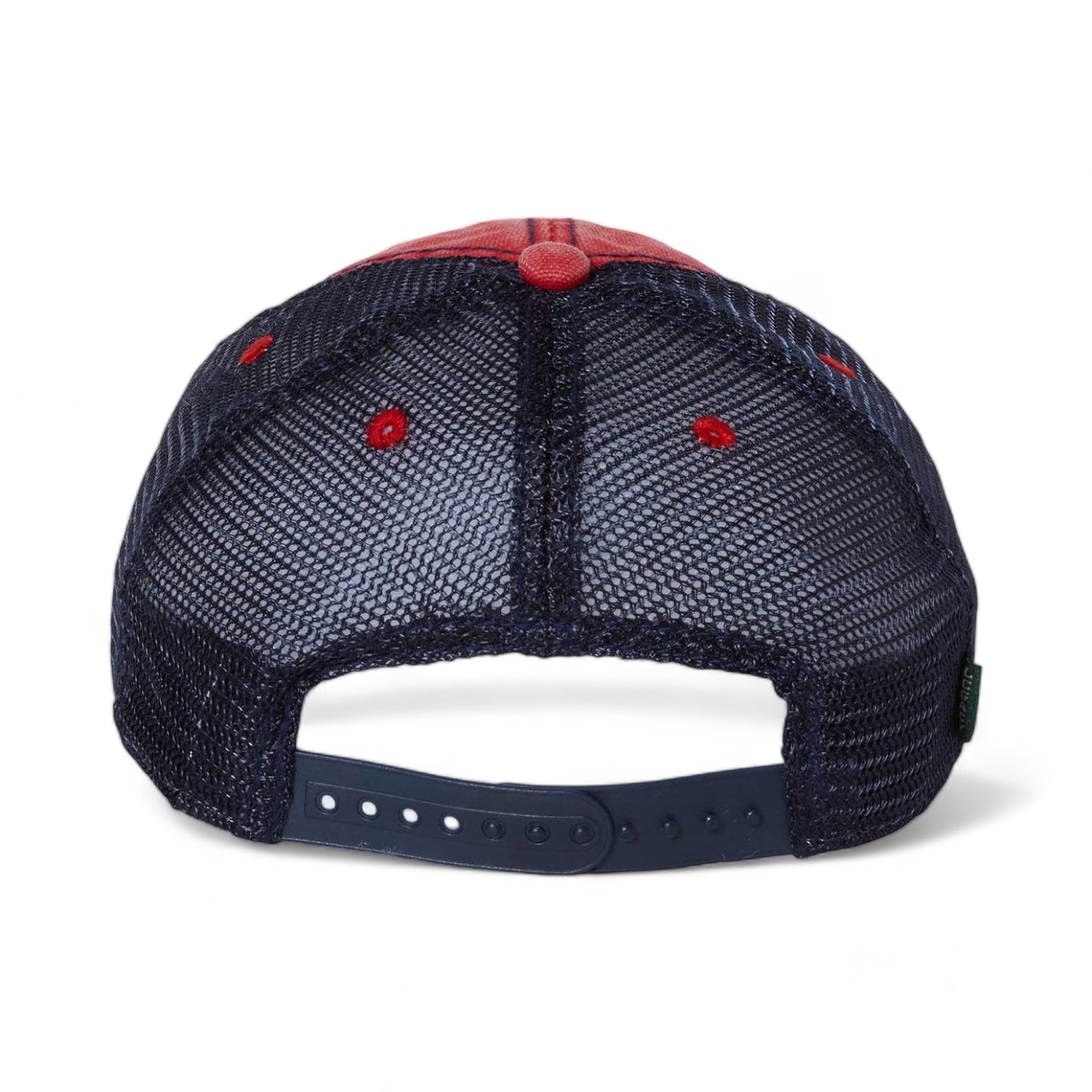 Back view of LEGACY DTA custom hat in scarlet red and navy