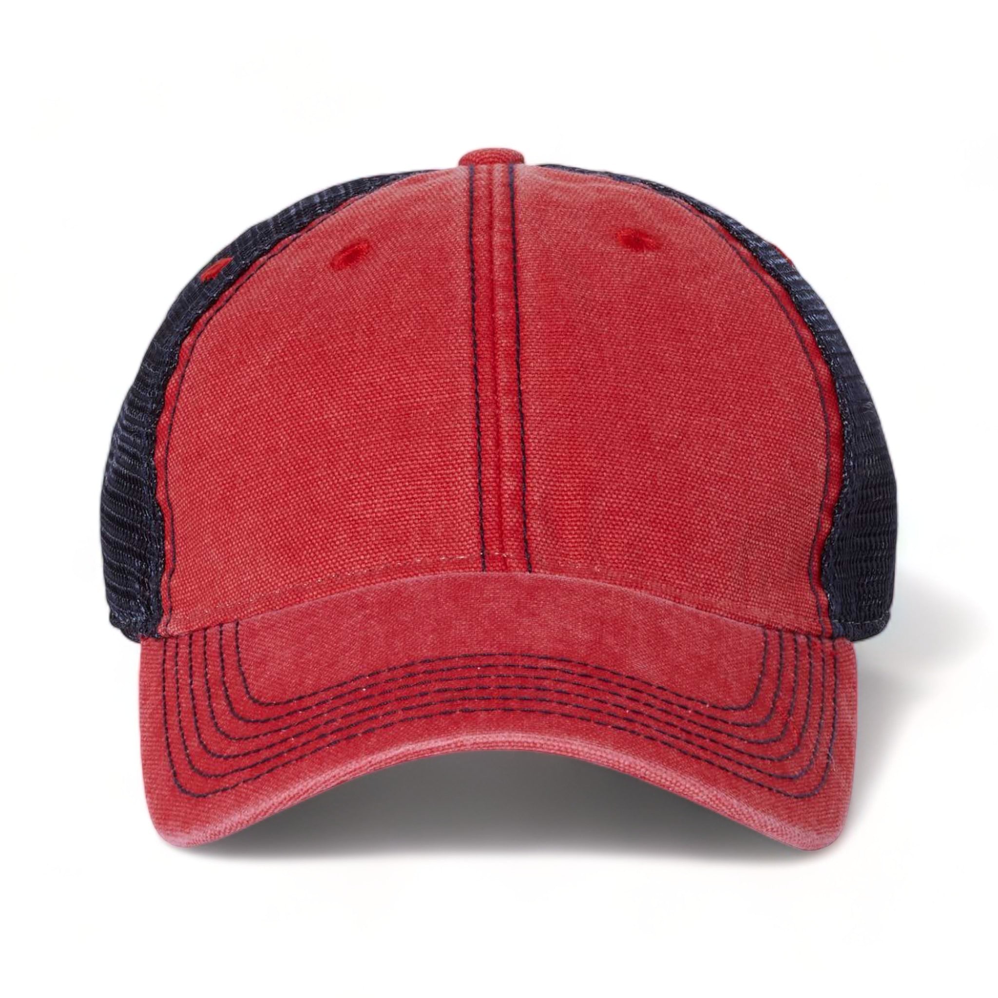 Front view of LEGACY DTA custom hat in scarlet red and navy