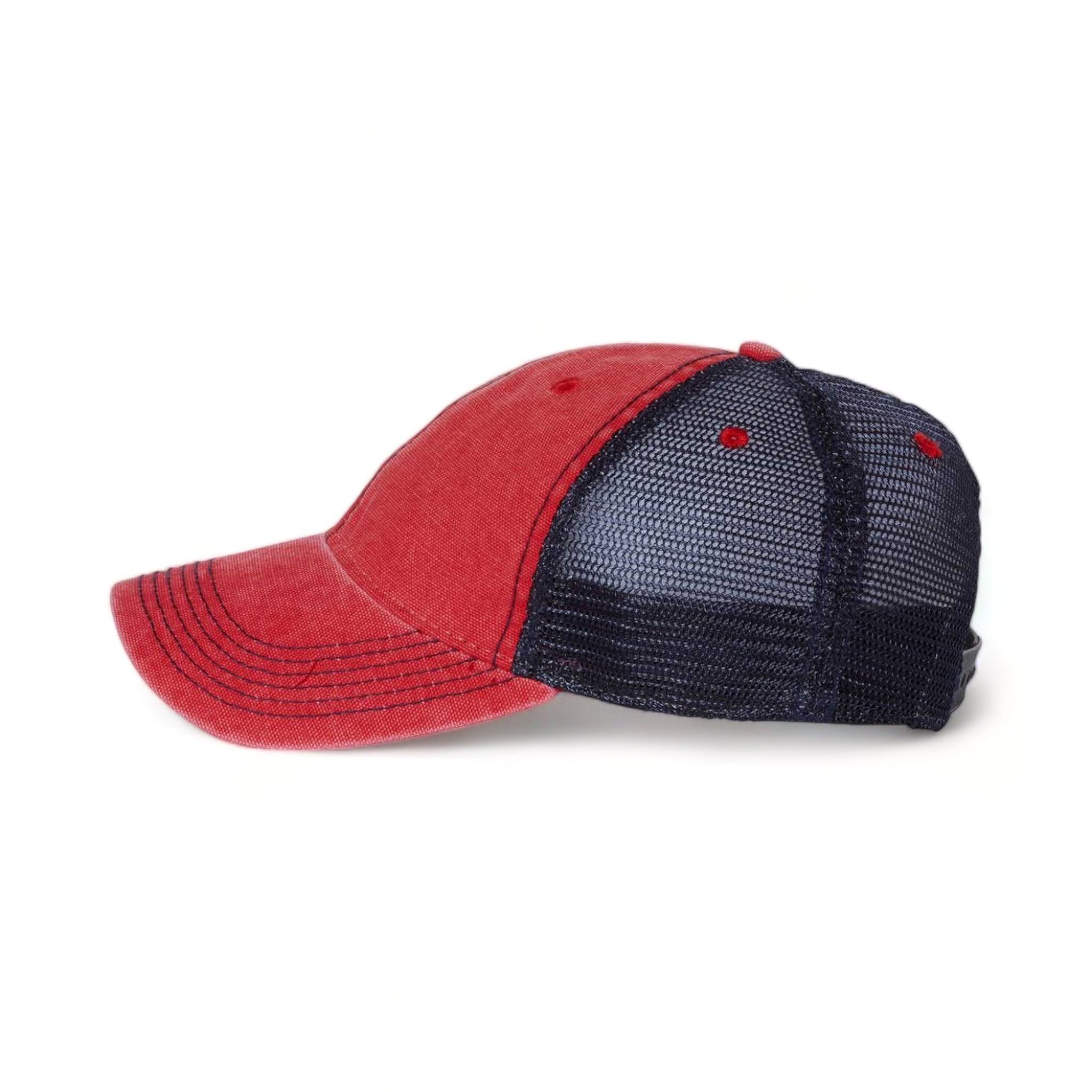 Side view of LEGACY DTA custom hat in scarlet red and navy