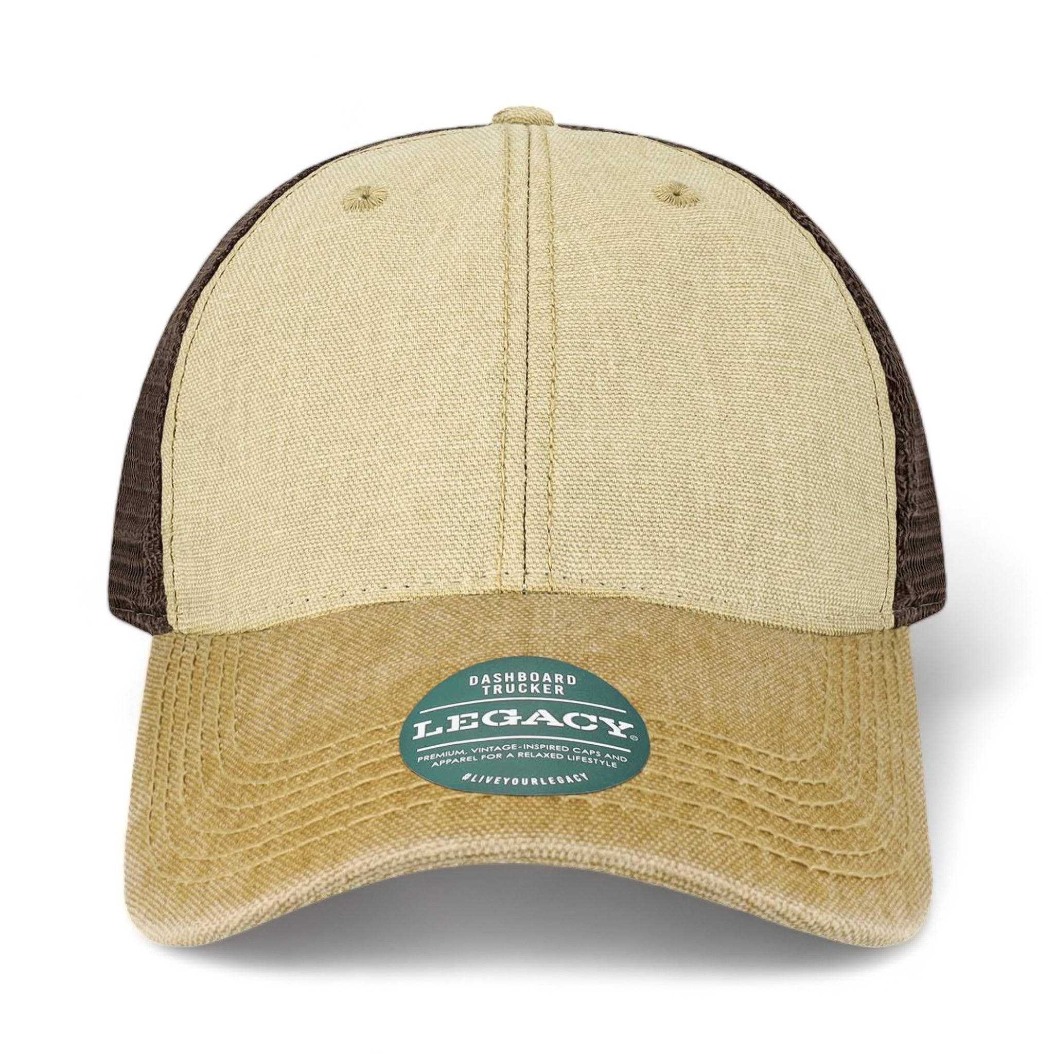 Front view of LEGACY DTA custom hat in stone, camel and brown
