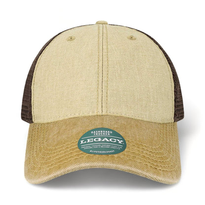 Front view of LEGACY DTA custom hat in stone, camel and brown