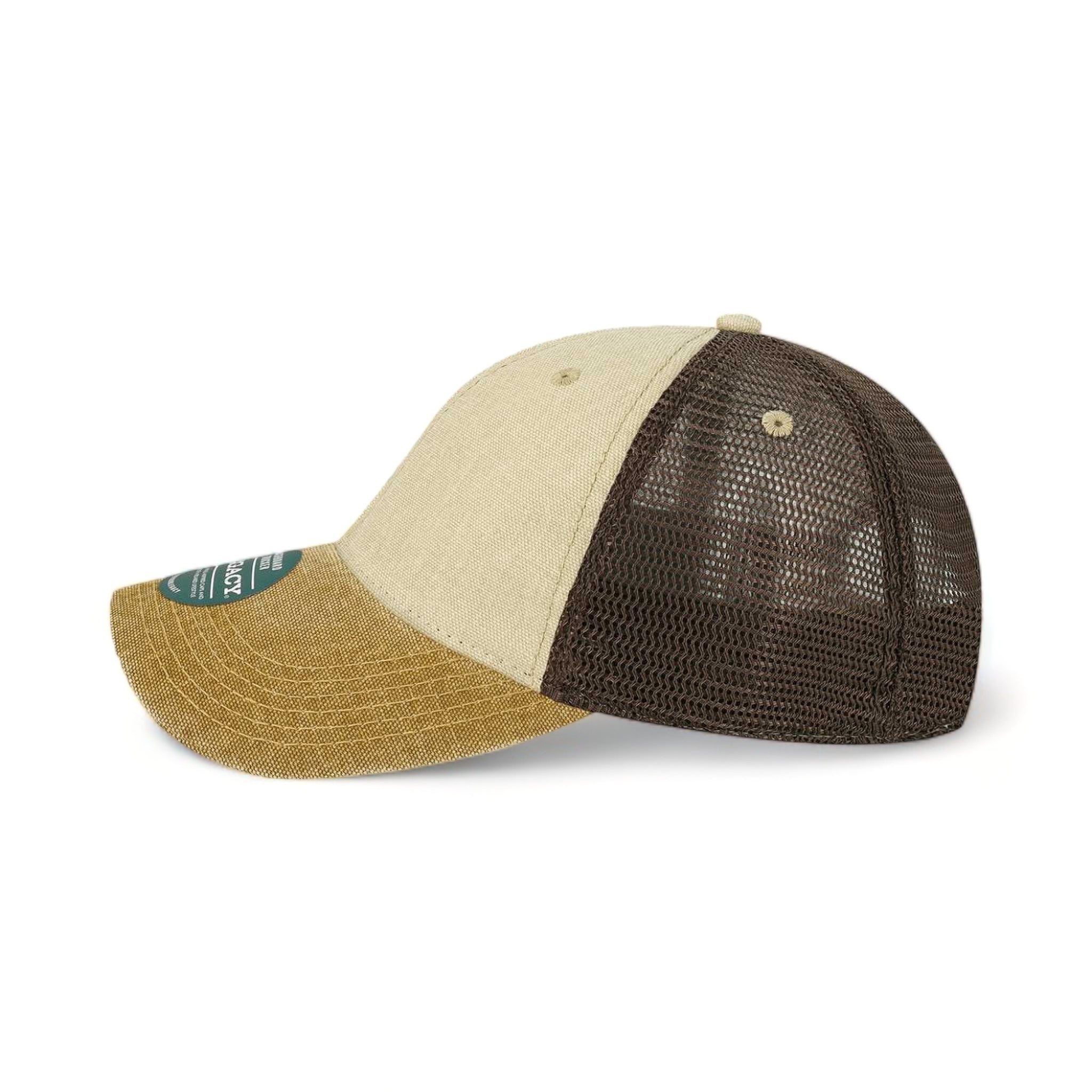 Side view of LEGACY DTA custom hat in stone, camel and brown