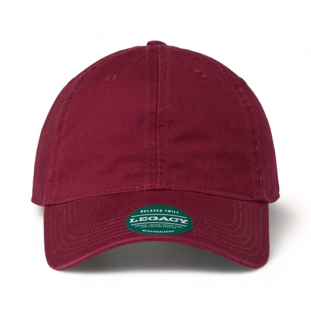 Front view of LEGACY EZA custom hat in burgundy