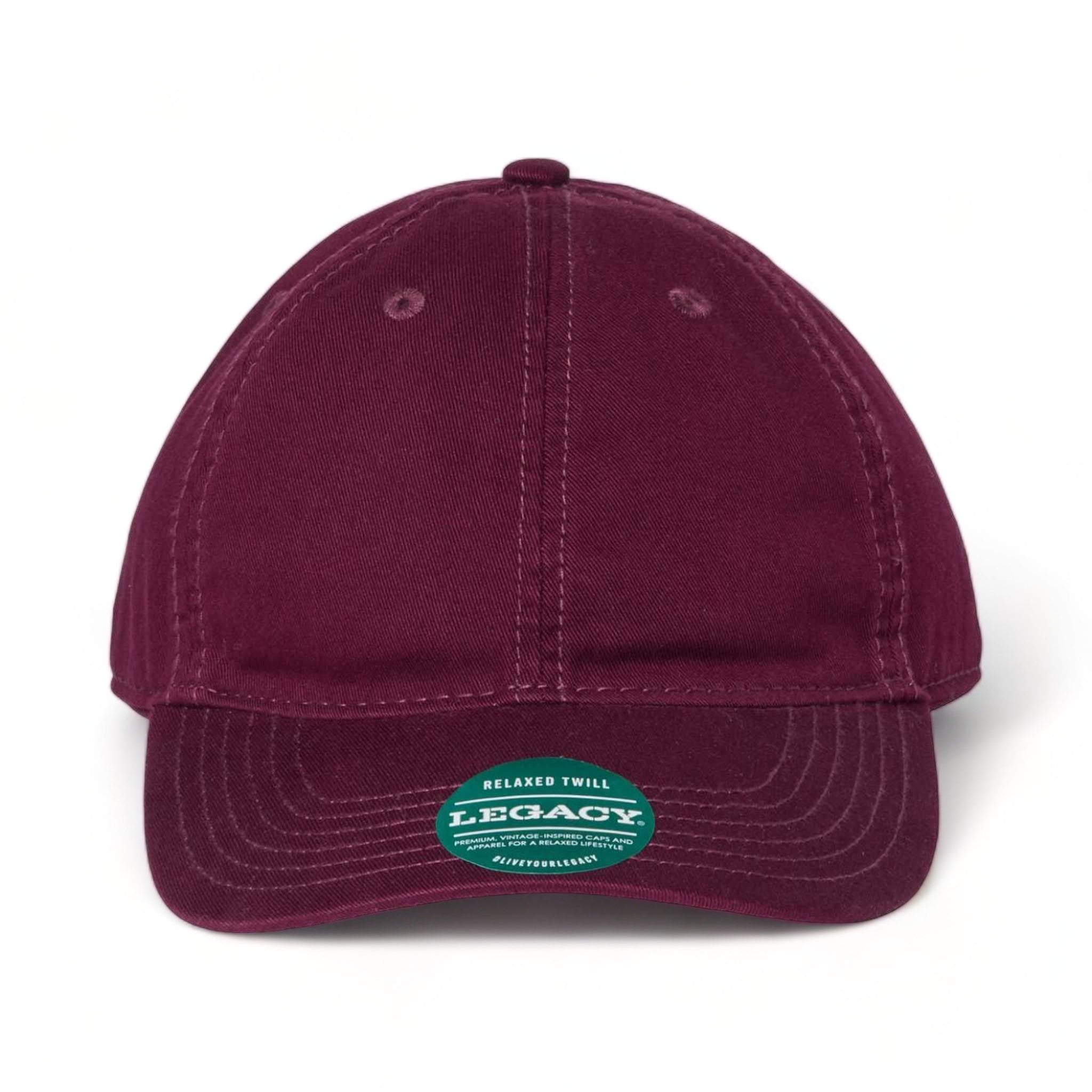 Front view of LEGACY EZA custom hat in maroon