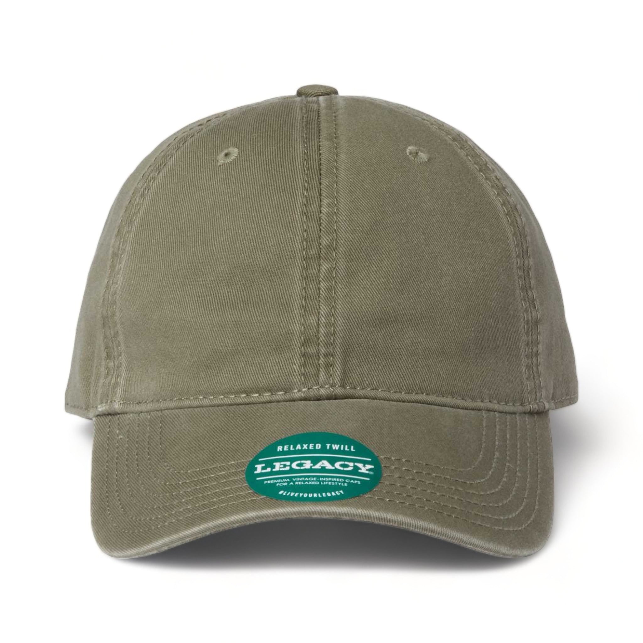 Front view of LEGACY EZA custom hat in moss green