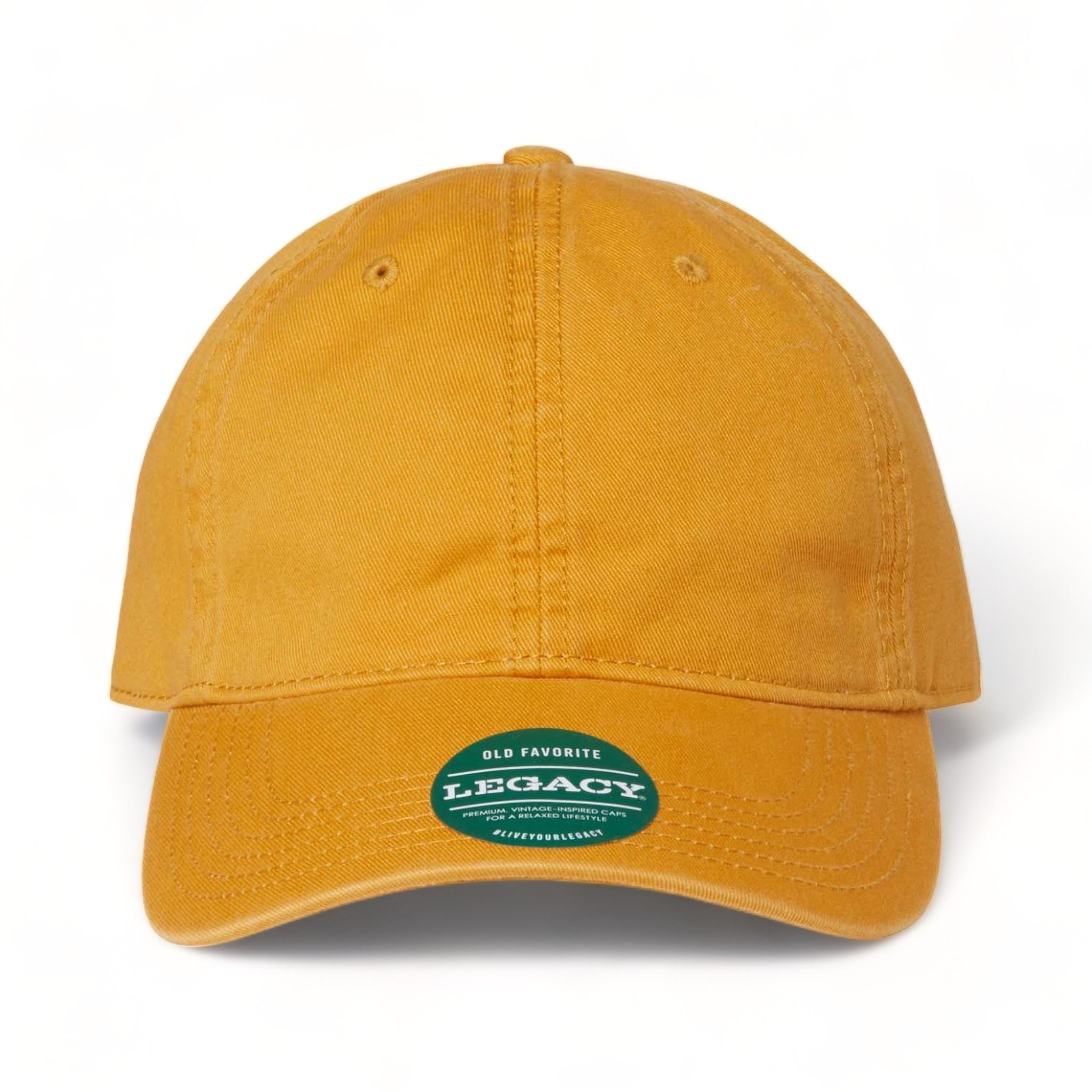 Front view of LEGACY EZA custom hat in mustard