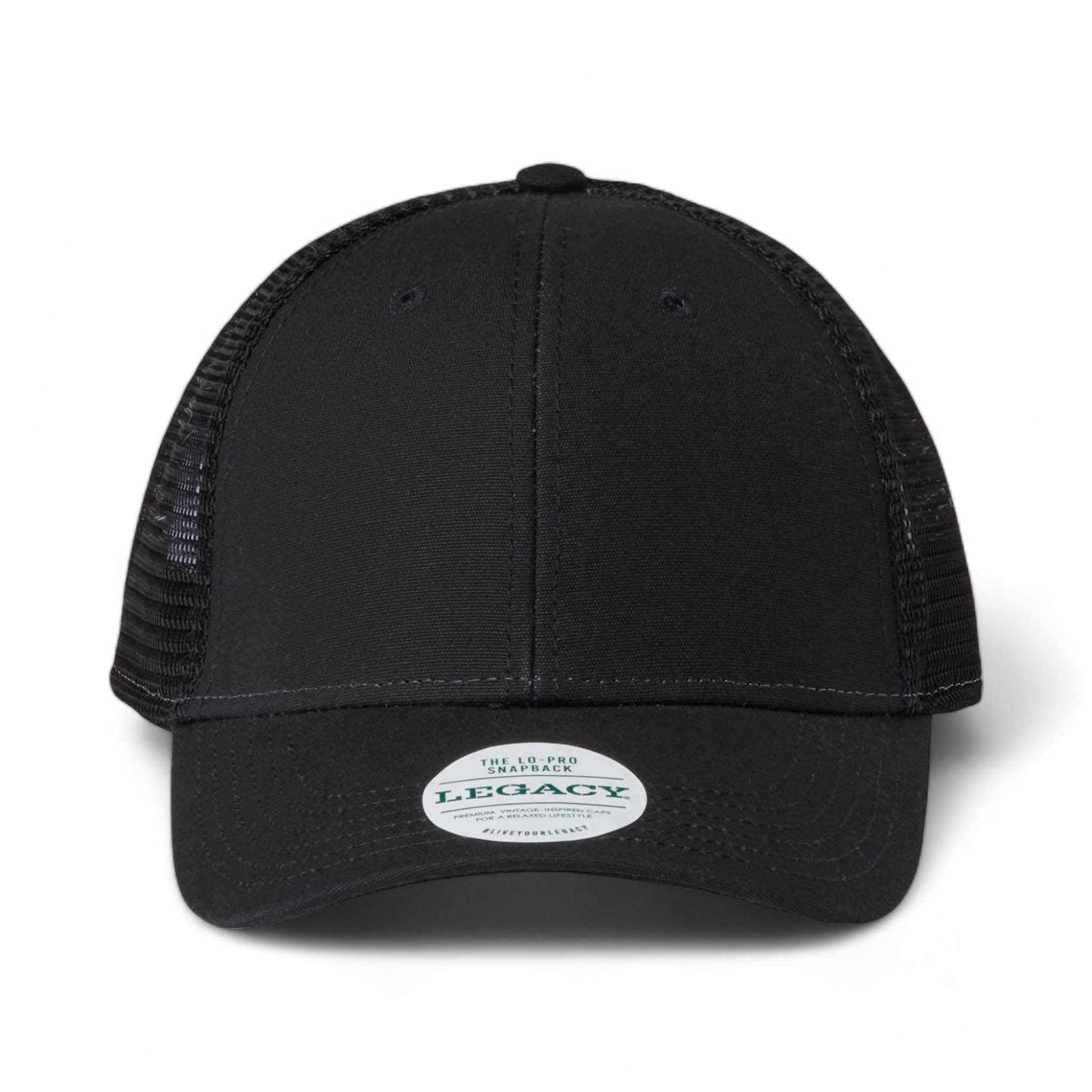 Front view of LEGACY LPS custom hat in black and black