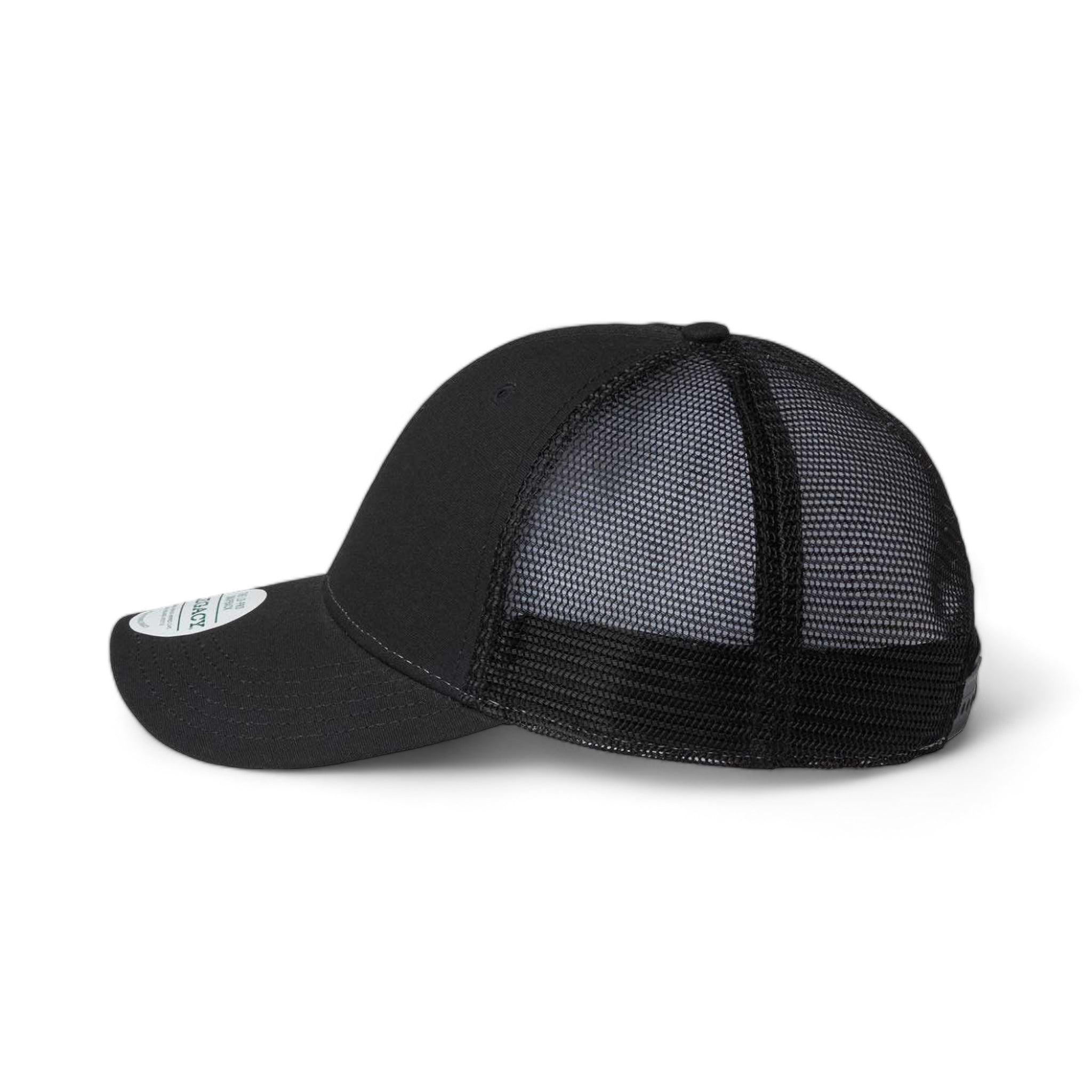 Side view of LEGACY LPS custom hat in black and black