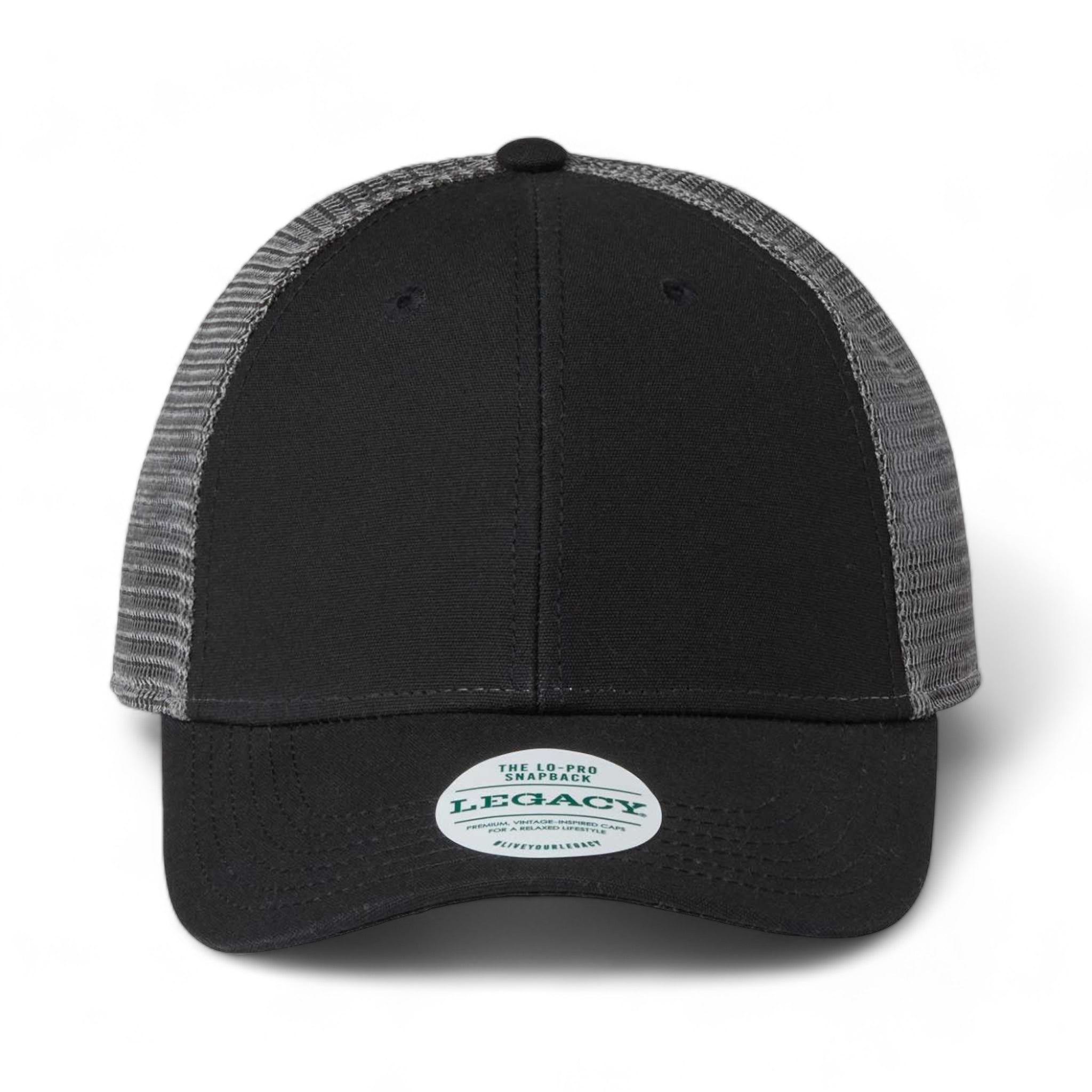 Front view of LEGACY LPS custom hat in black and dark grey