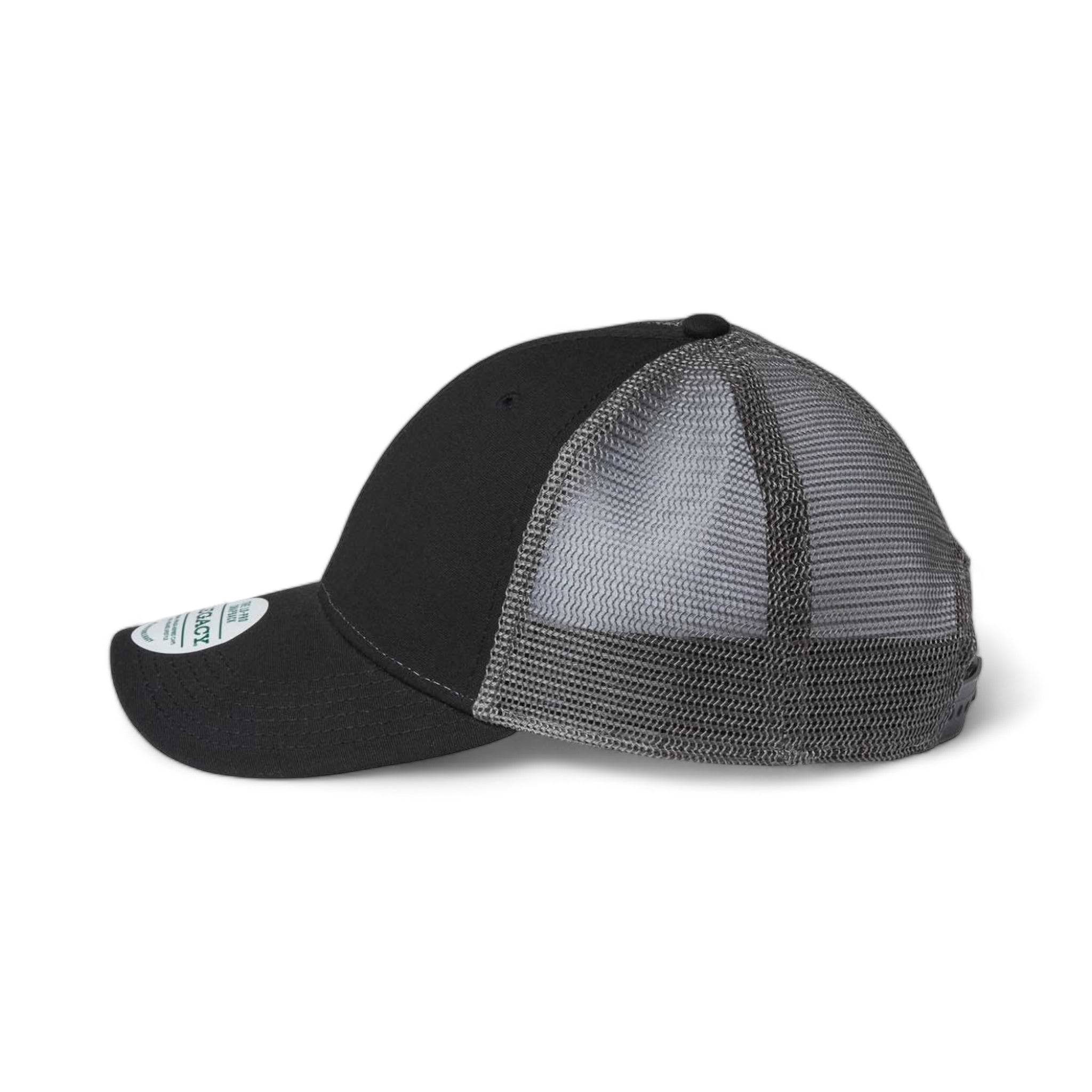 Side view of LEGACY LPS custom hat in black and dark grey