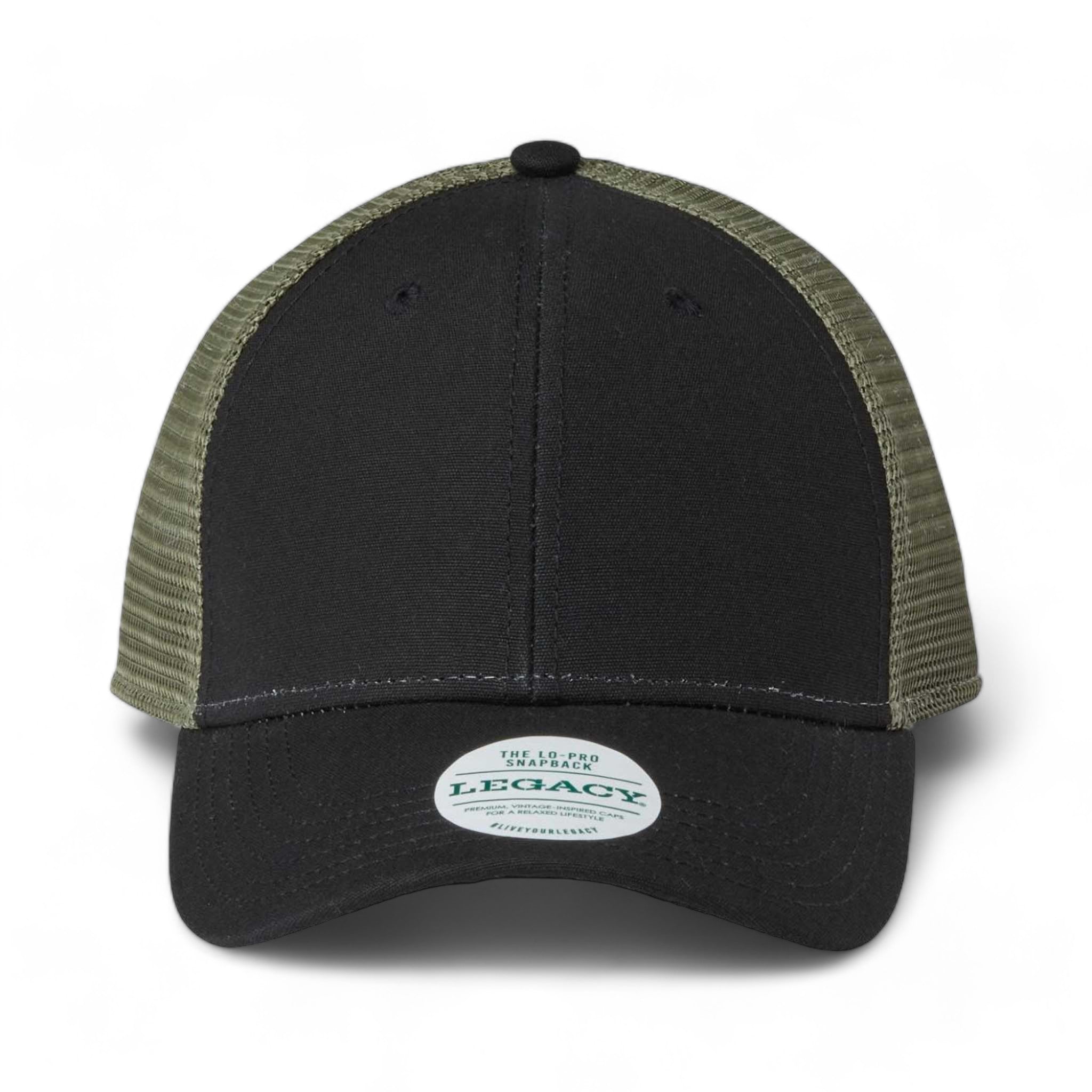 Front view of LEGACY LPS custom hat in black and light olive