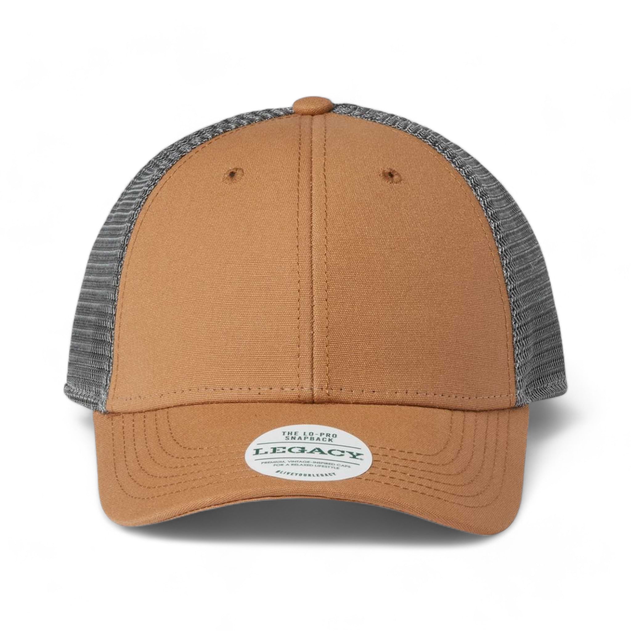 Front view of LEGACY LPS custom hat in caramel and dark grey