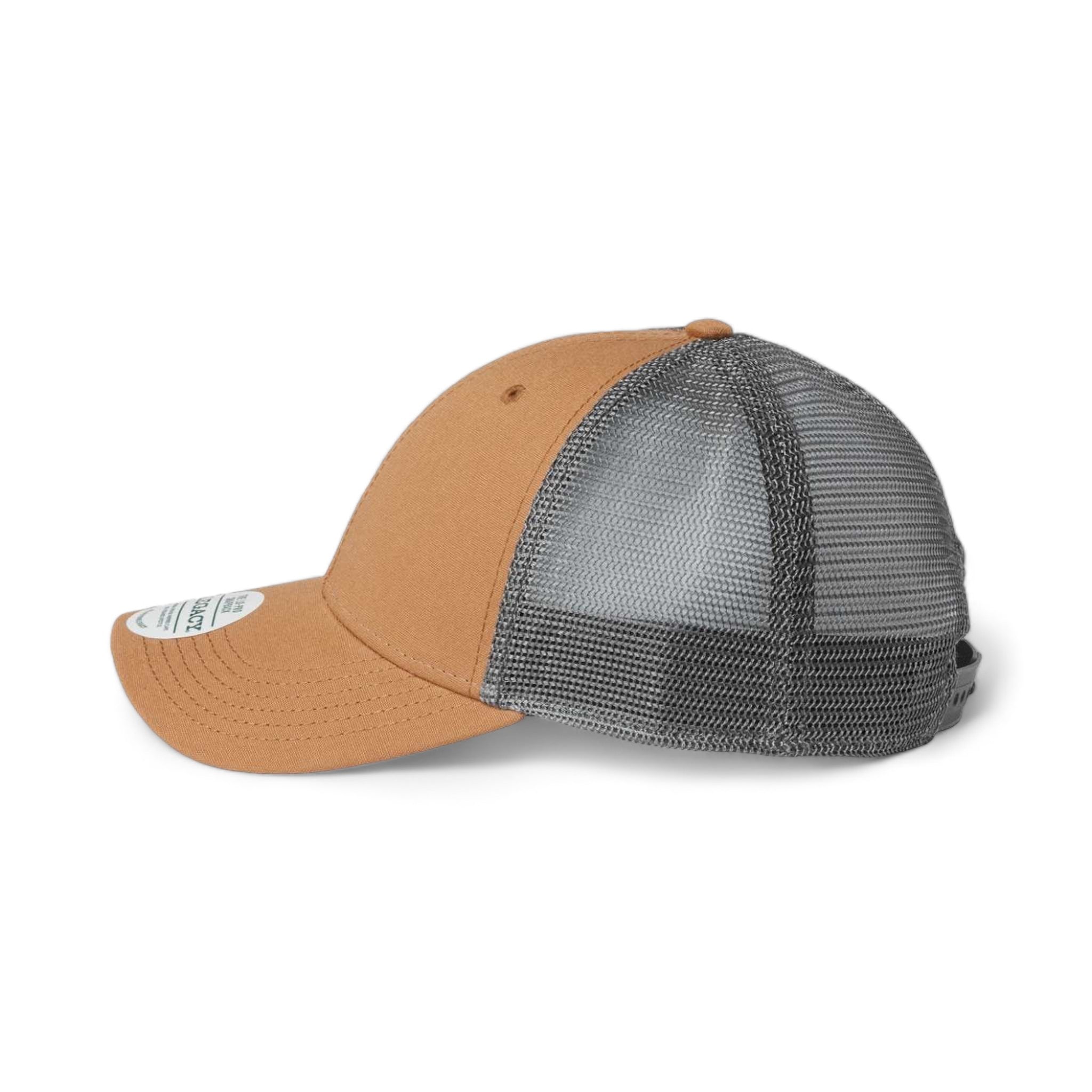 Side view of LEGACY LPS custom hat in caramel and dark grey