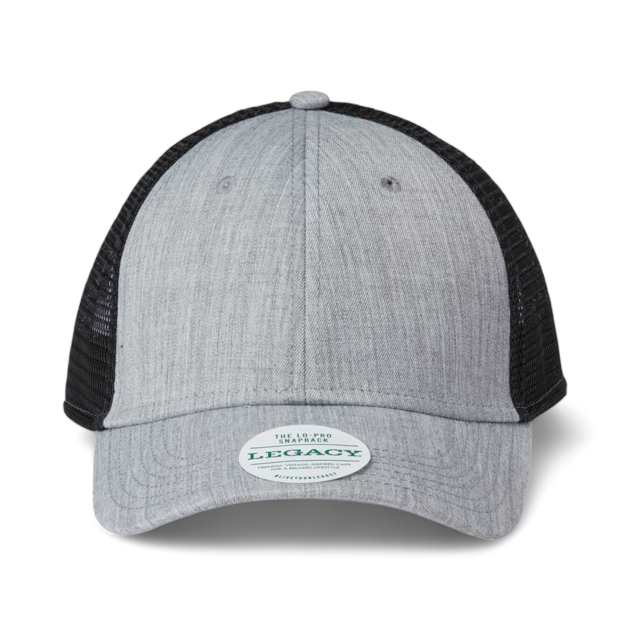 Front view of LEGACY LPS custom hat in heather grey and black