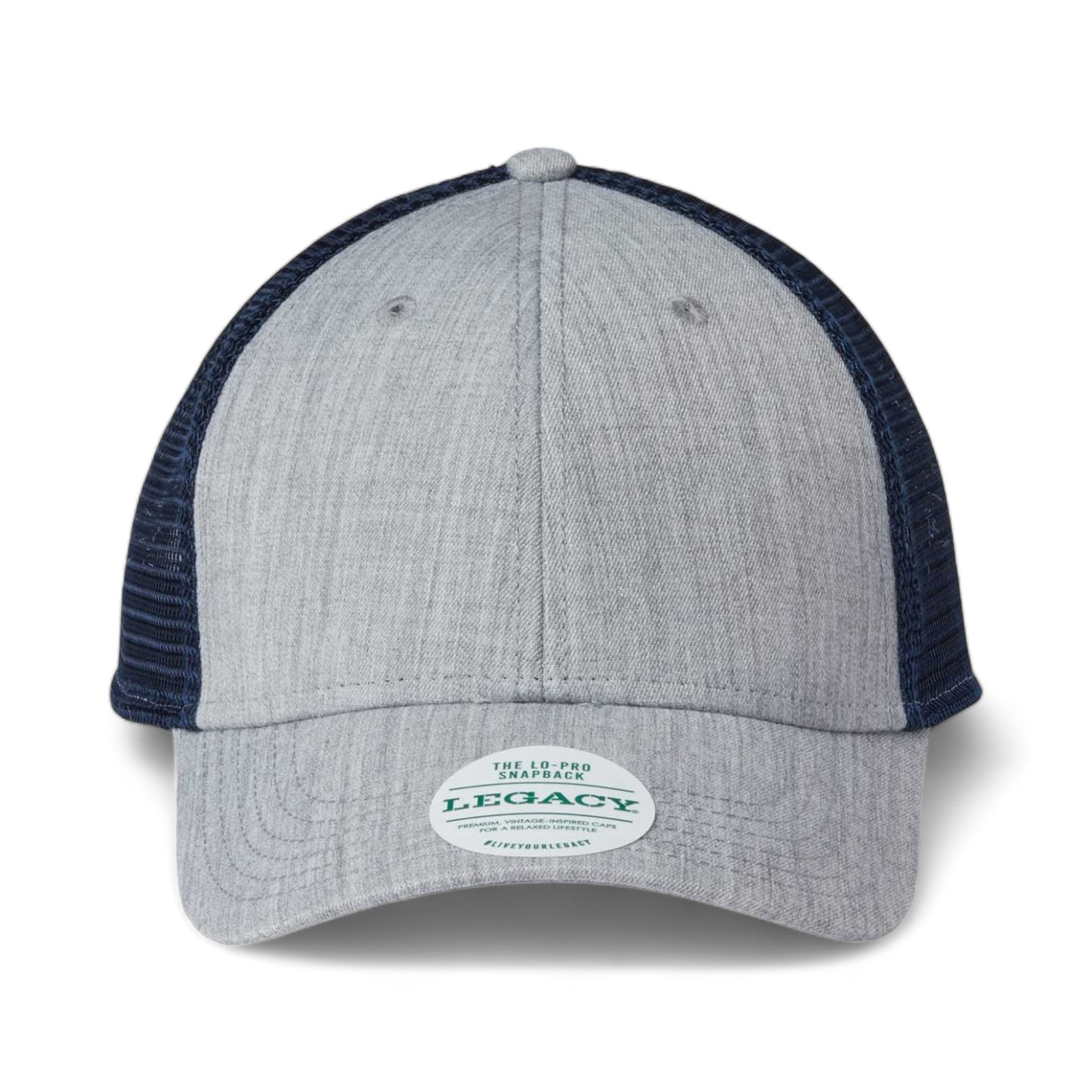 Front view of LEGACY LPS custom hat in heather grey and navy