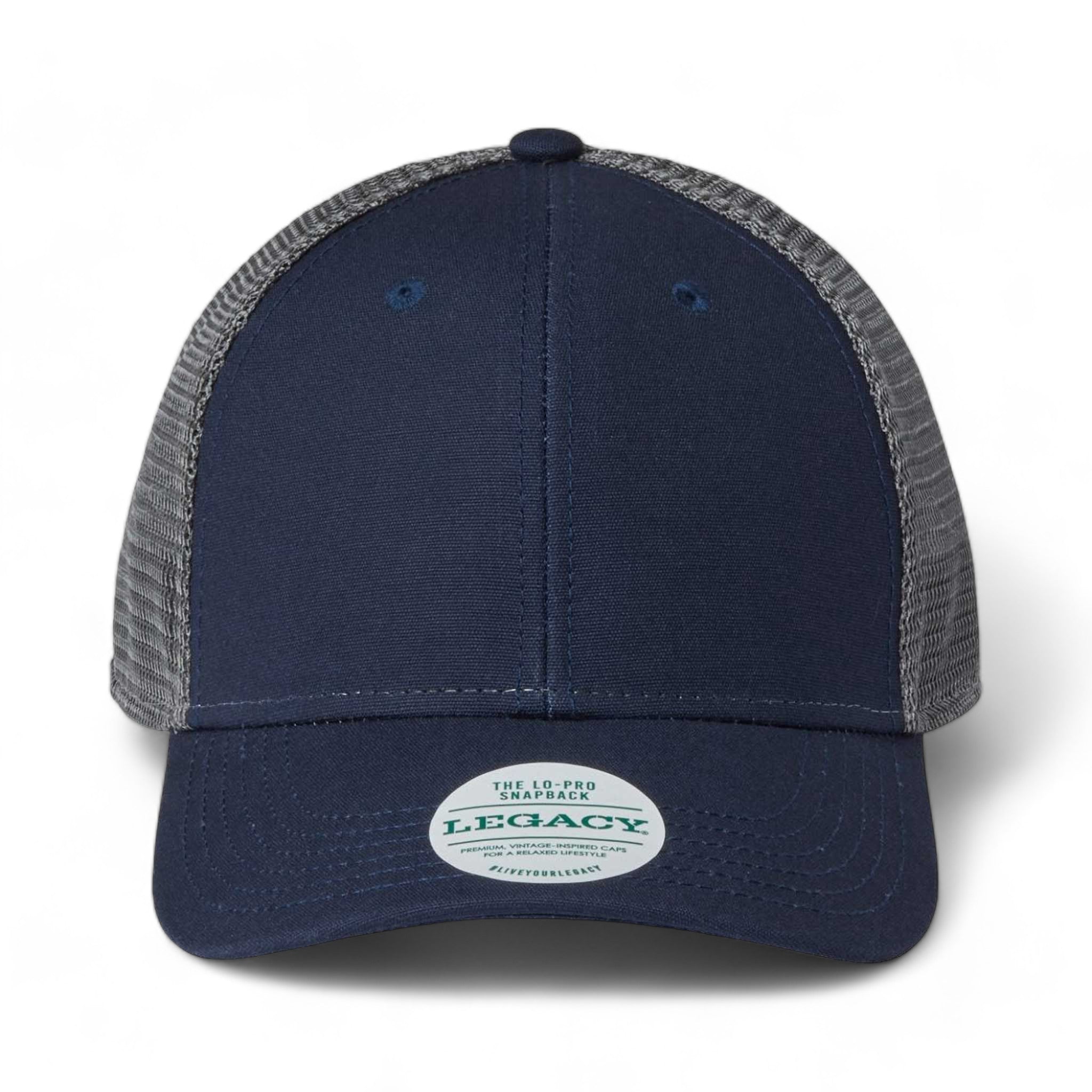 Front view of LEGACY LPS custom hat in navy and dark grey