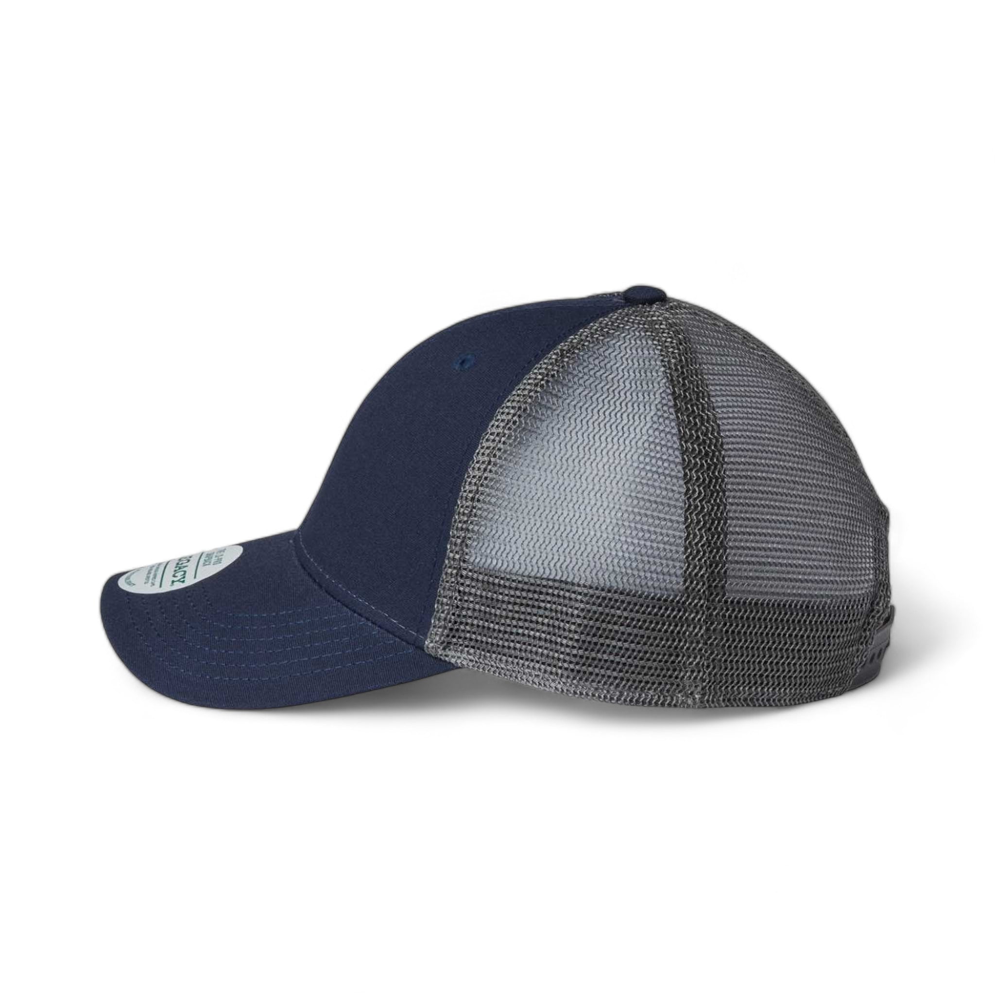 Side view of LEGACY LPS custom hat in navy and dark grey