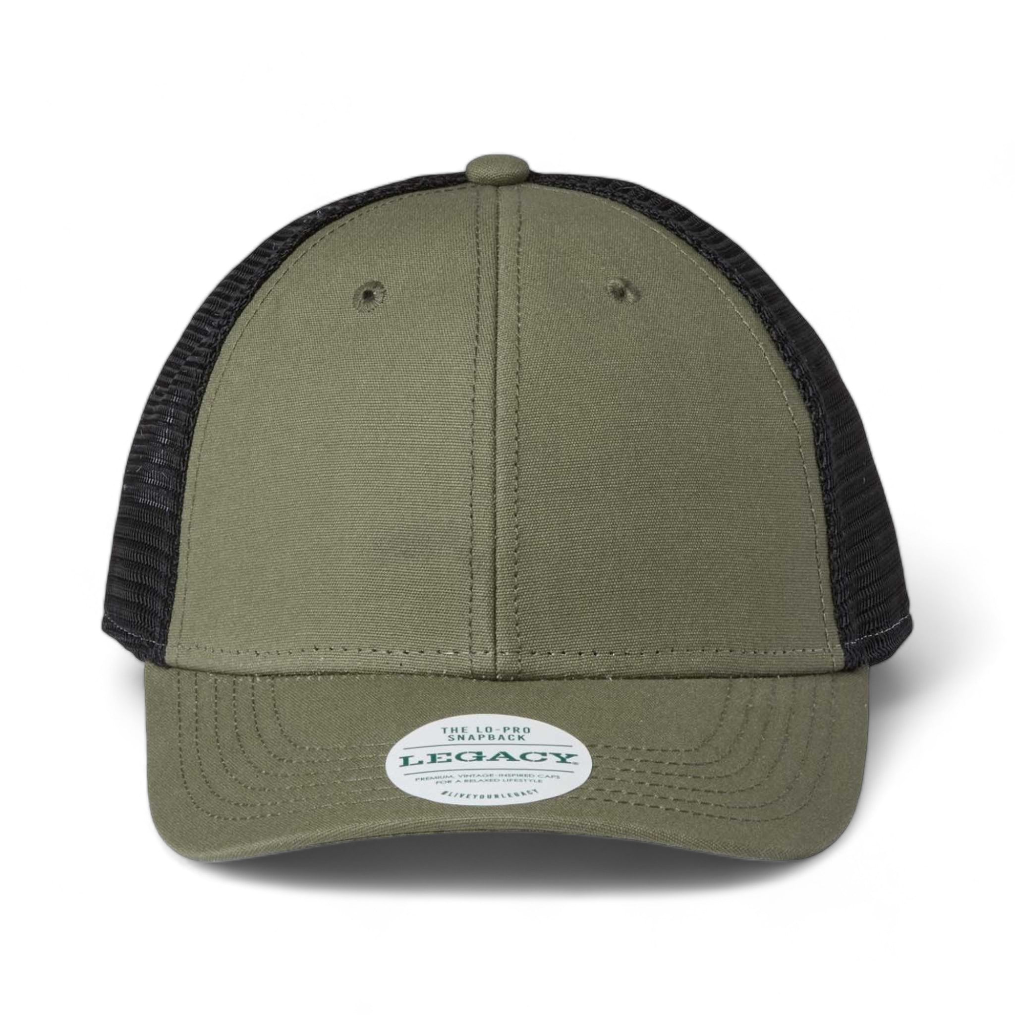 Front view of LEGACY LPS custom hat in olive and black