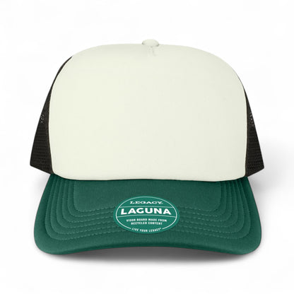 Front view of LEGACY LTA custom hat in cream, green and black