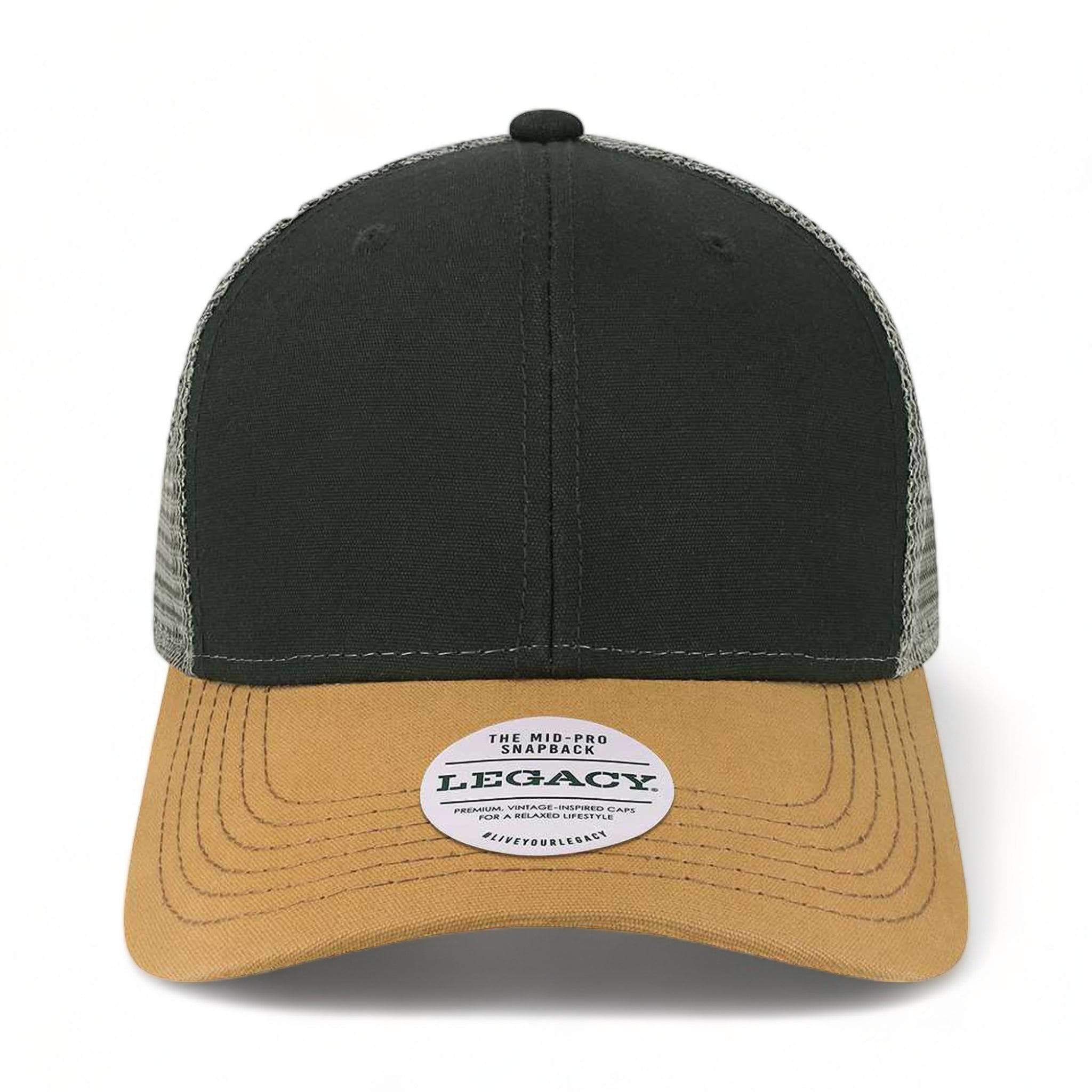Front view of LEGACY MPS custom hat in black, caramel and dark grey