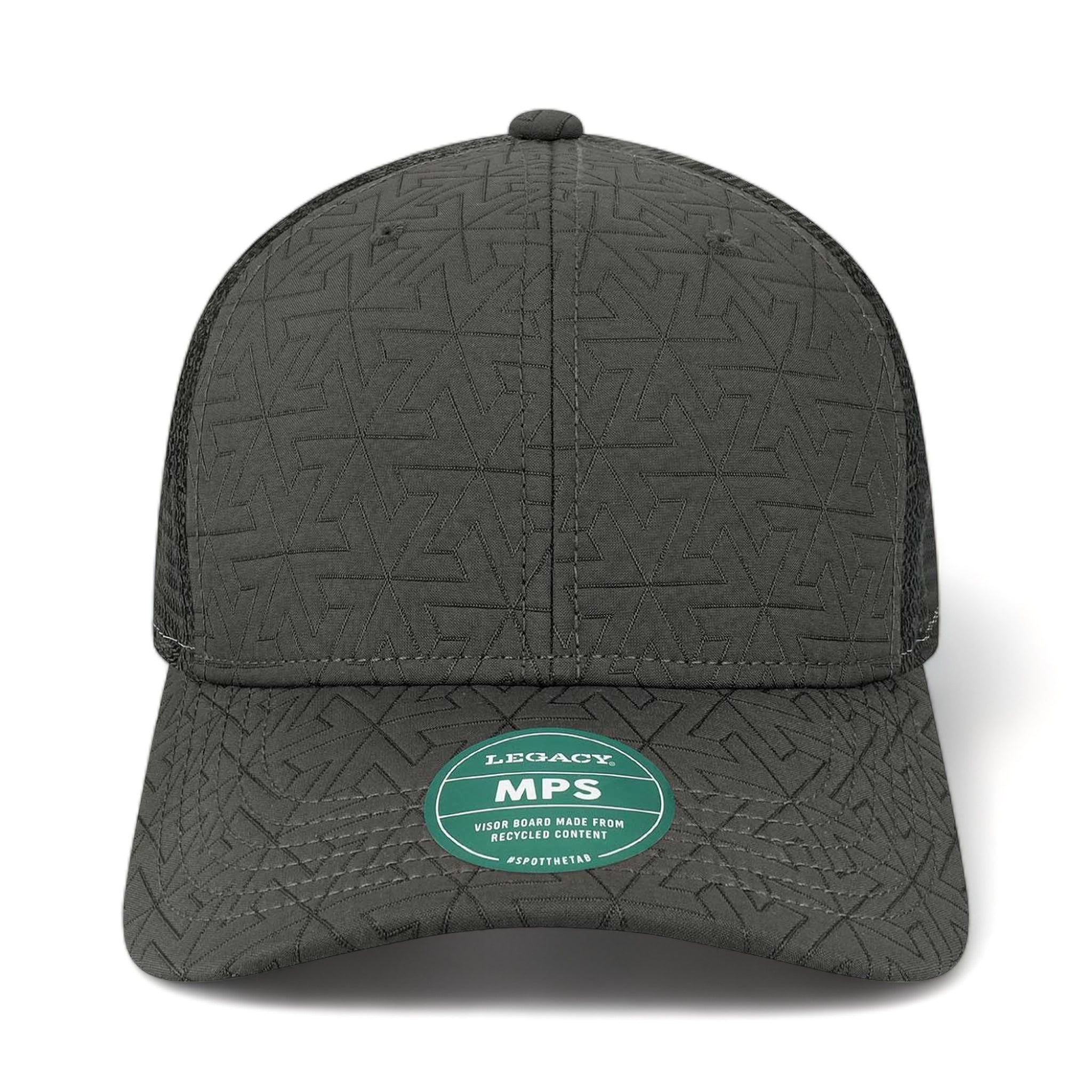 Front view of LEGACY MPS custom hat in black z - quilted
