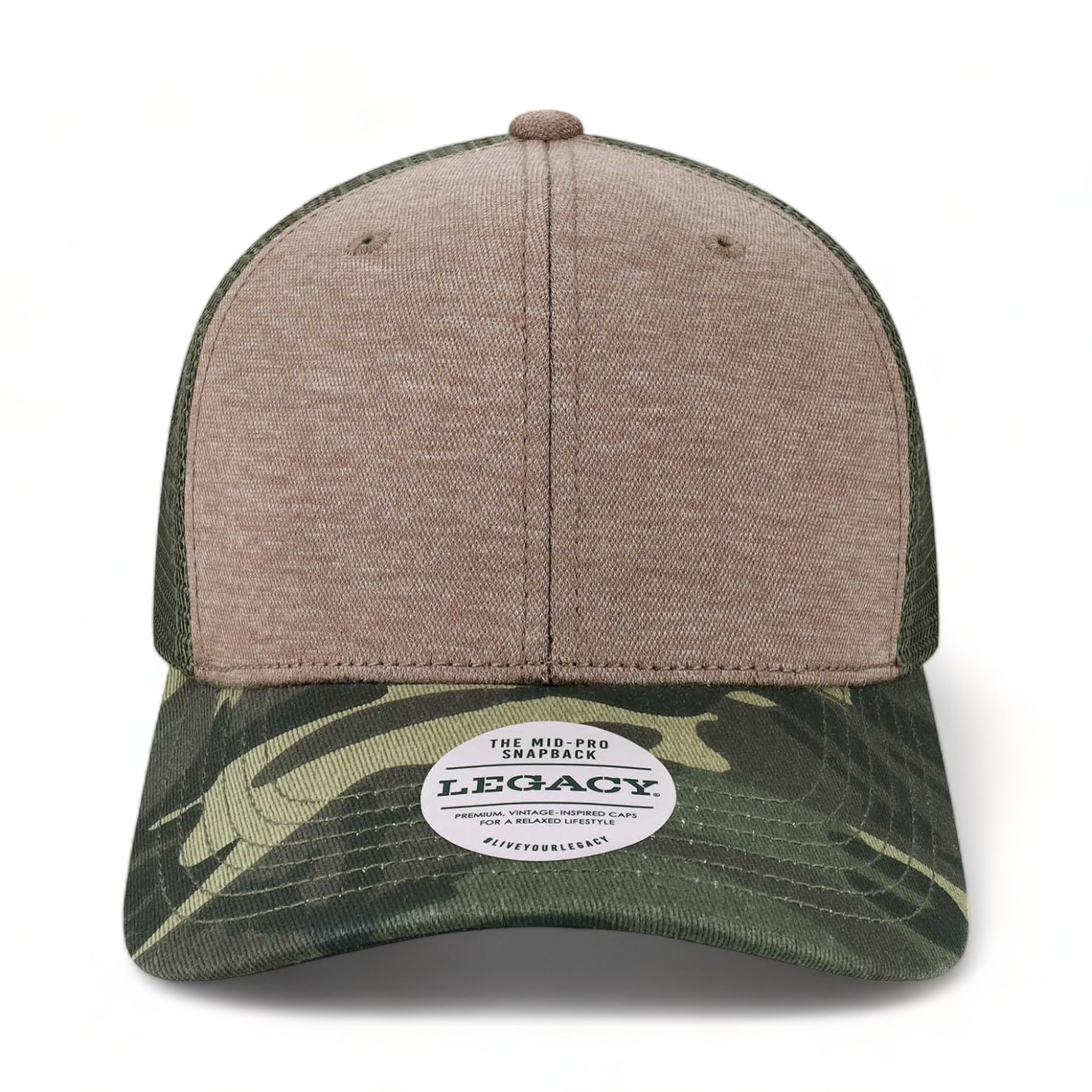 Front view of LEGACY MPS custom hat in brown and camo