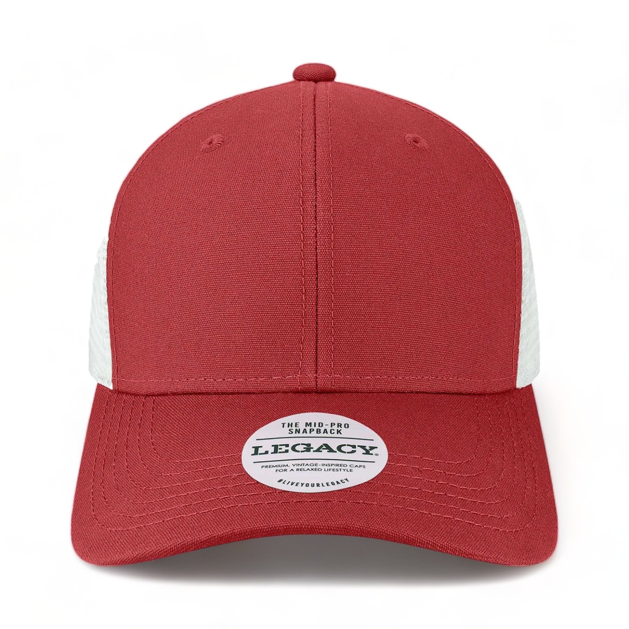 Front view of LEGACY MPS custom hat in cardinal and white