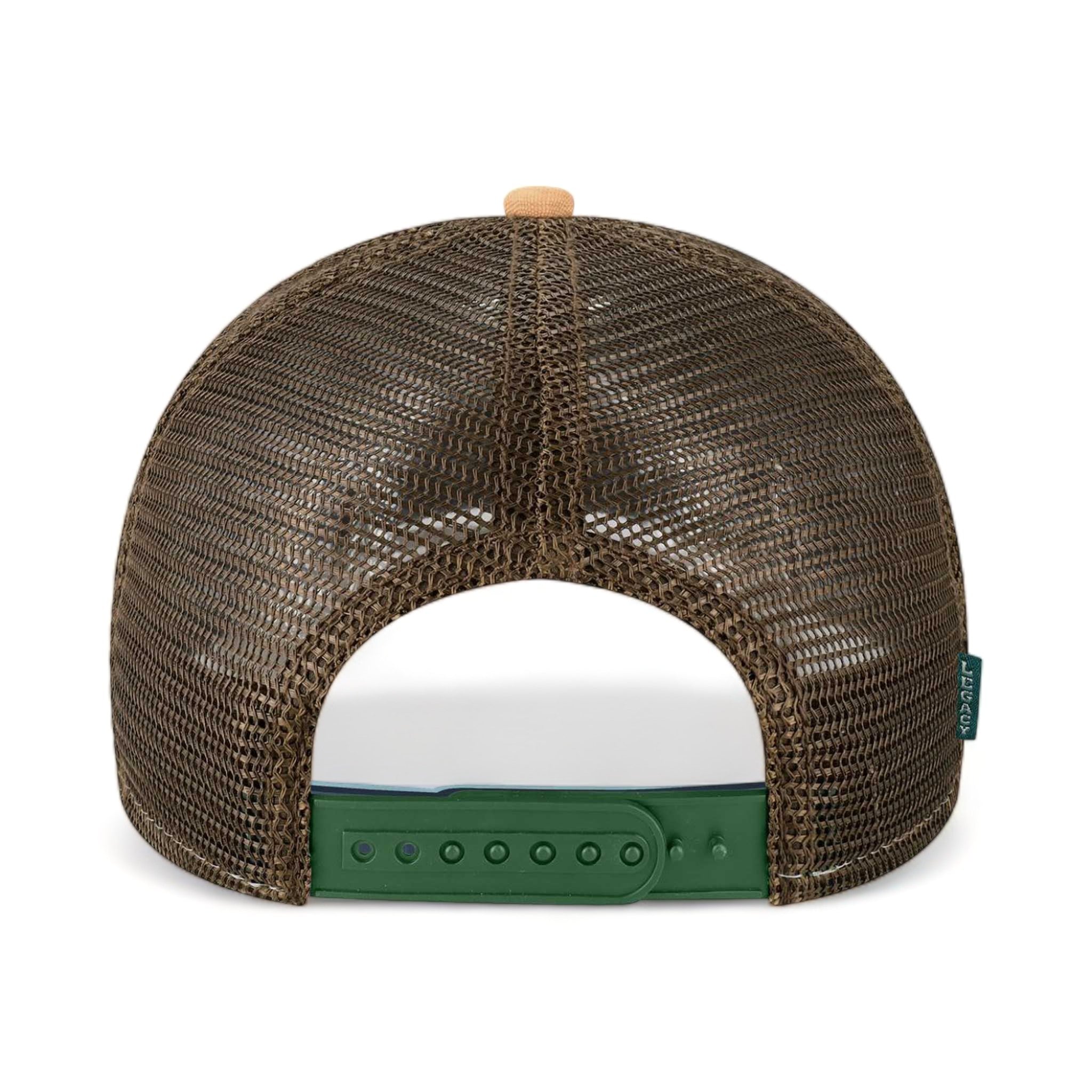 Back view of LEGACY MPS custom hat in dark green, camel and brown