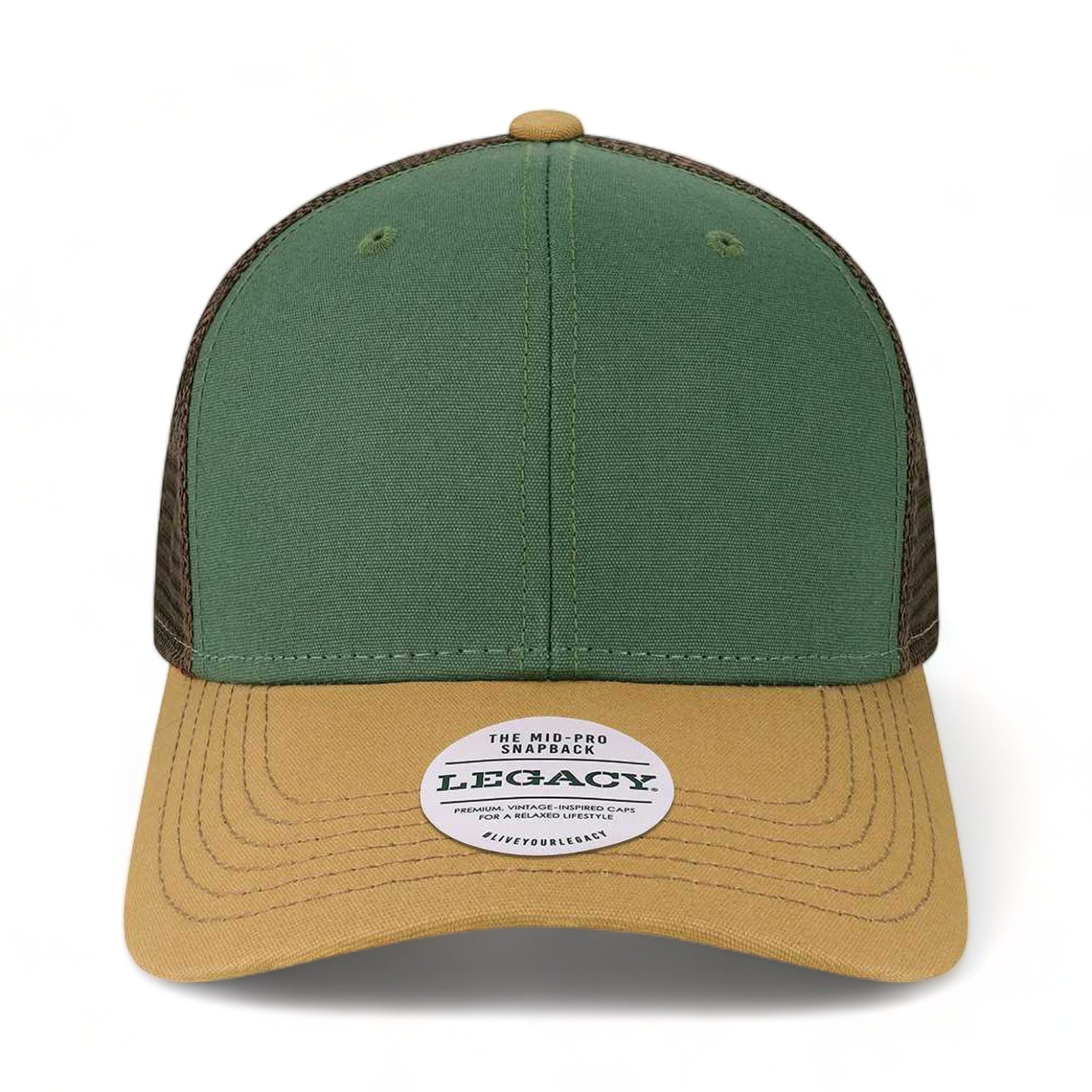 Front view of LEGACY MPS custom hat in dark green, camel and brown