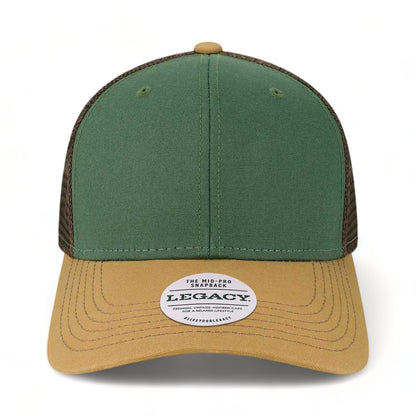 Front view of LEGACY MPS custom hat in dark green, camel and brown