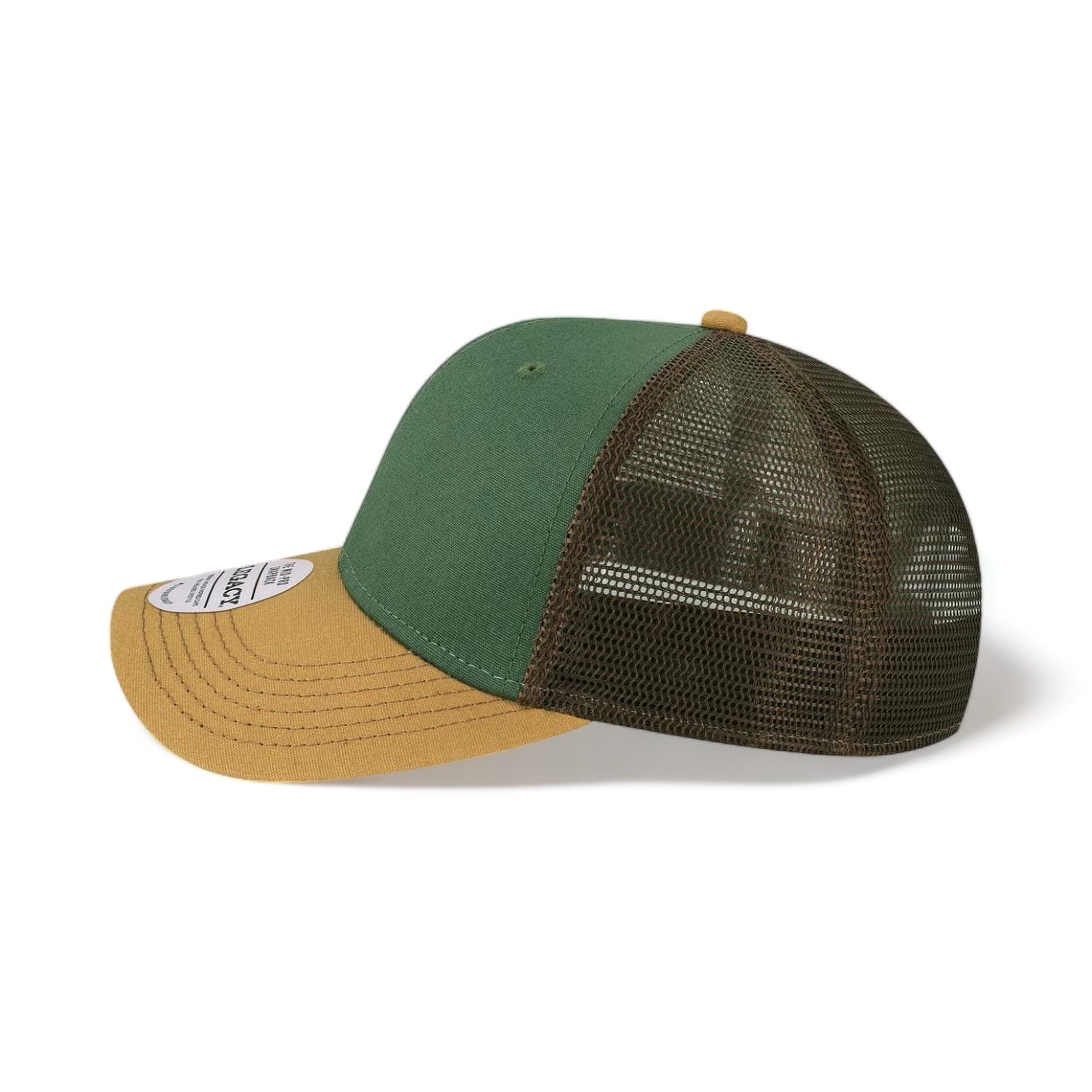 Side view of LEGACY MPS custom hat in dark green, camel and brown