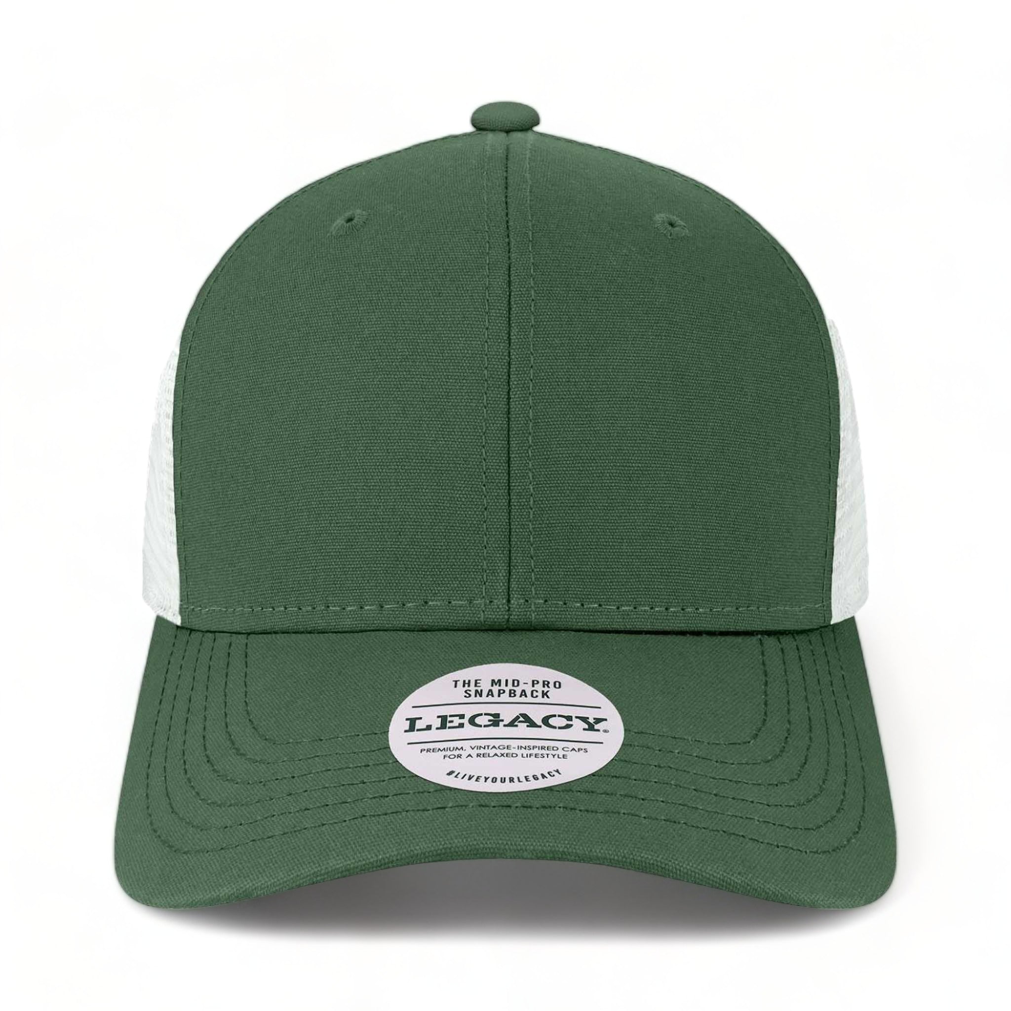 Front view of LEGACY MPS custom hat in dark green and white