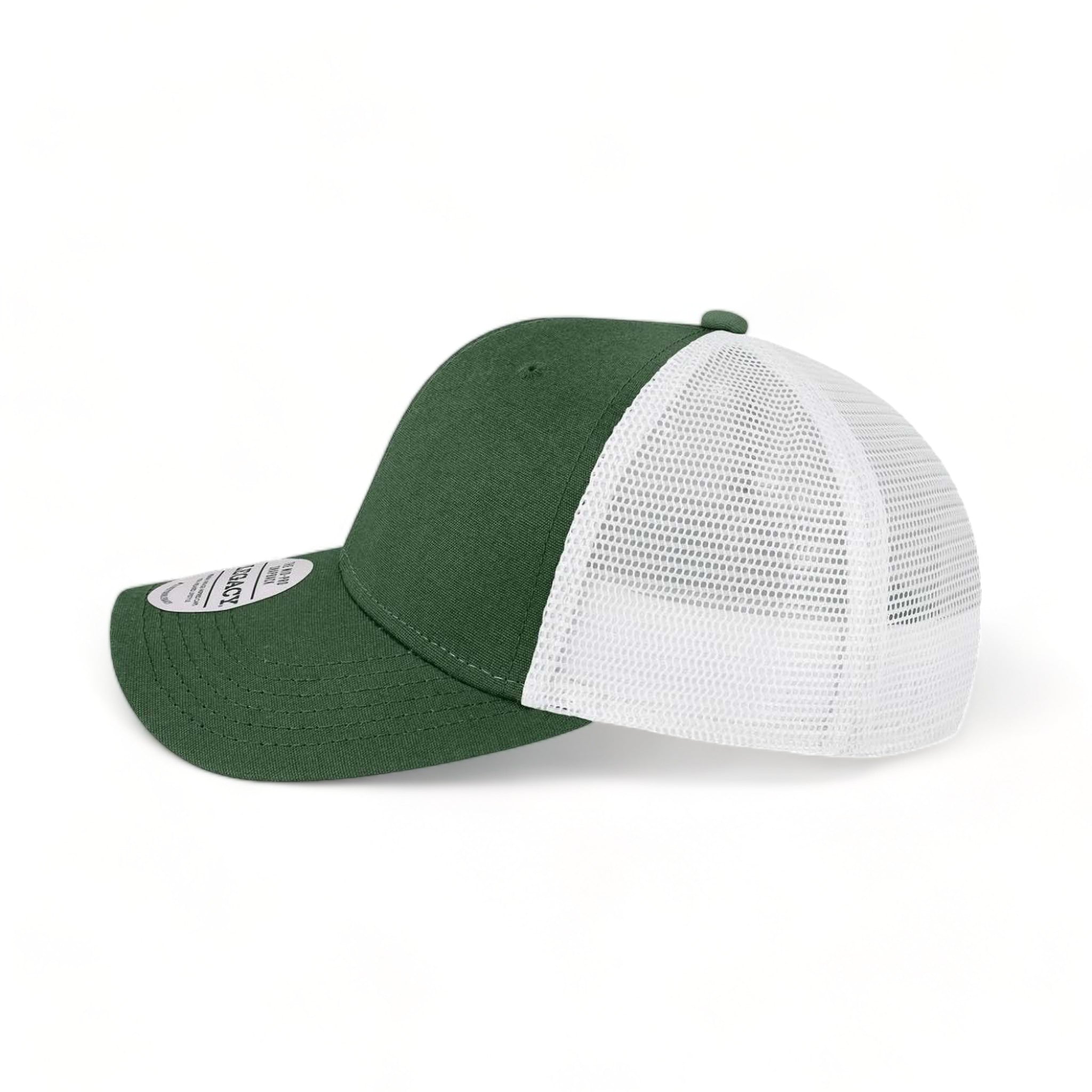 Side view of LEGACY MPS custom hat in dark green and white