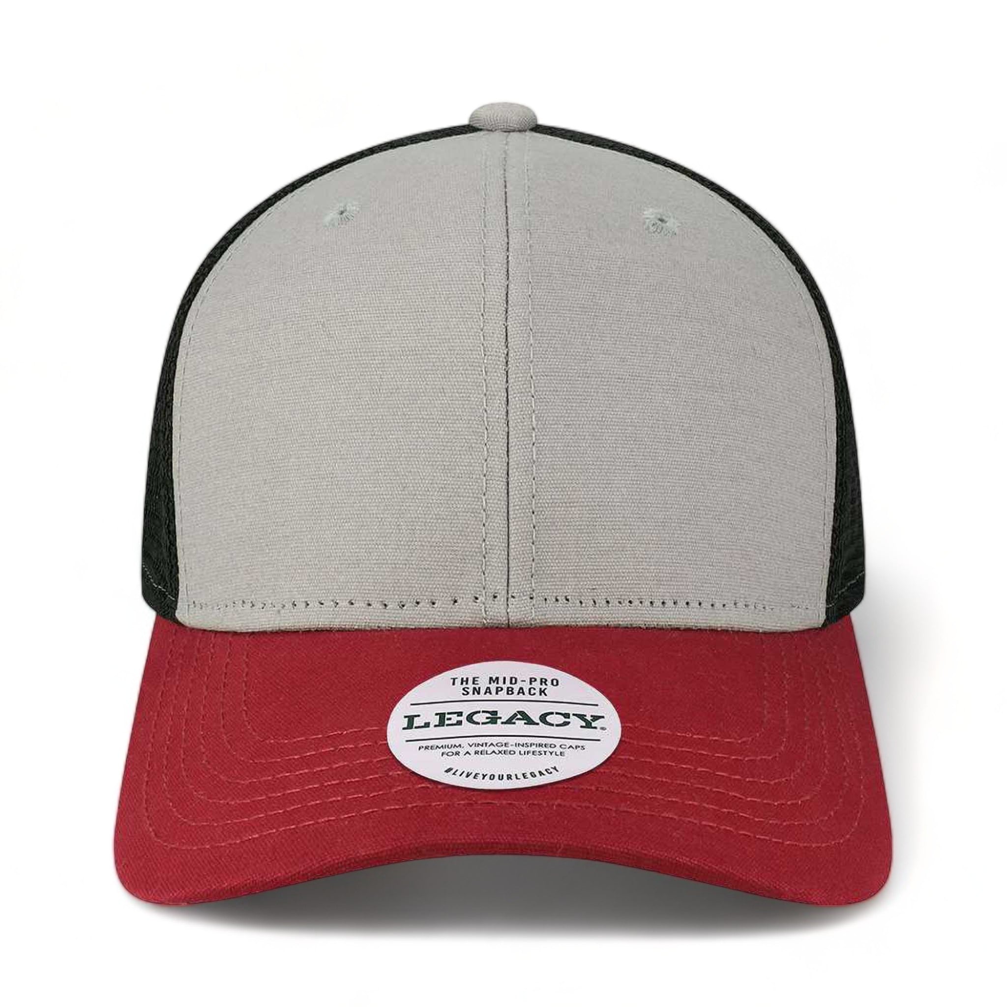 Front view of LEGACY MPS custom hat in grey, burgundy and black