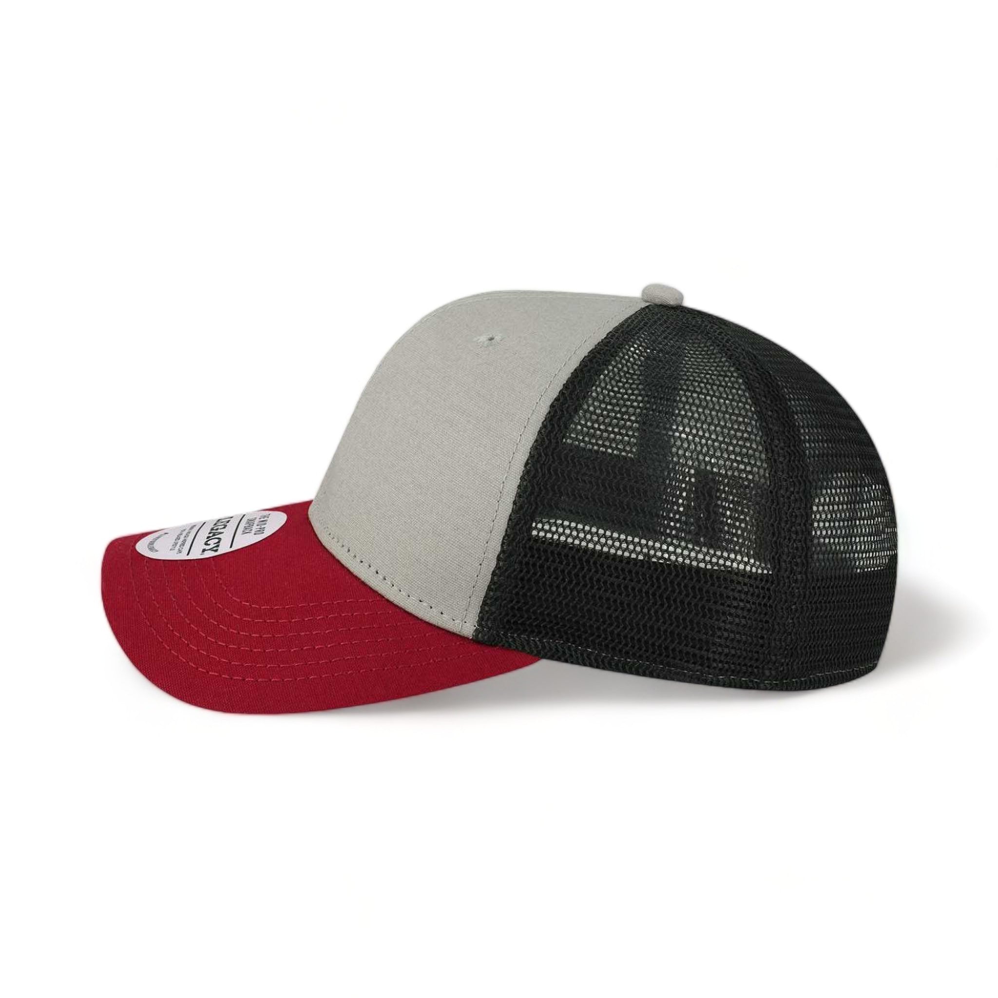 Side view of LEGACY MPS custom hat in grey, burgundy and black