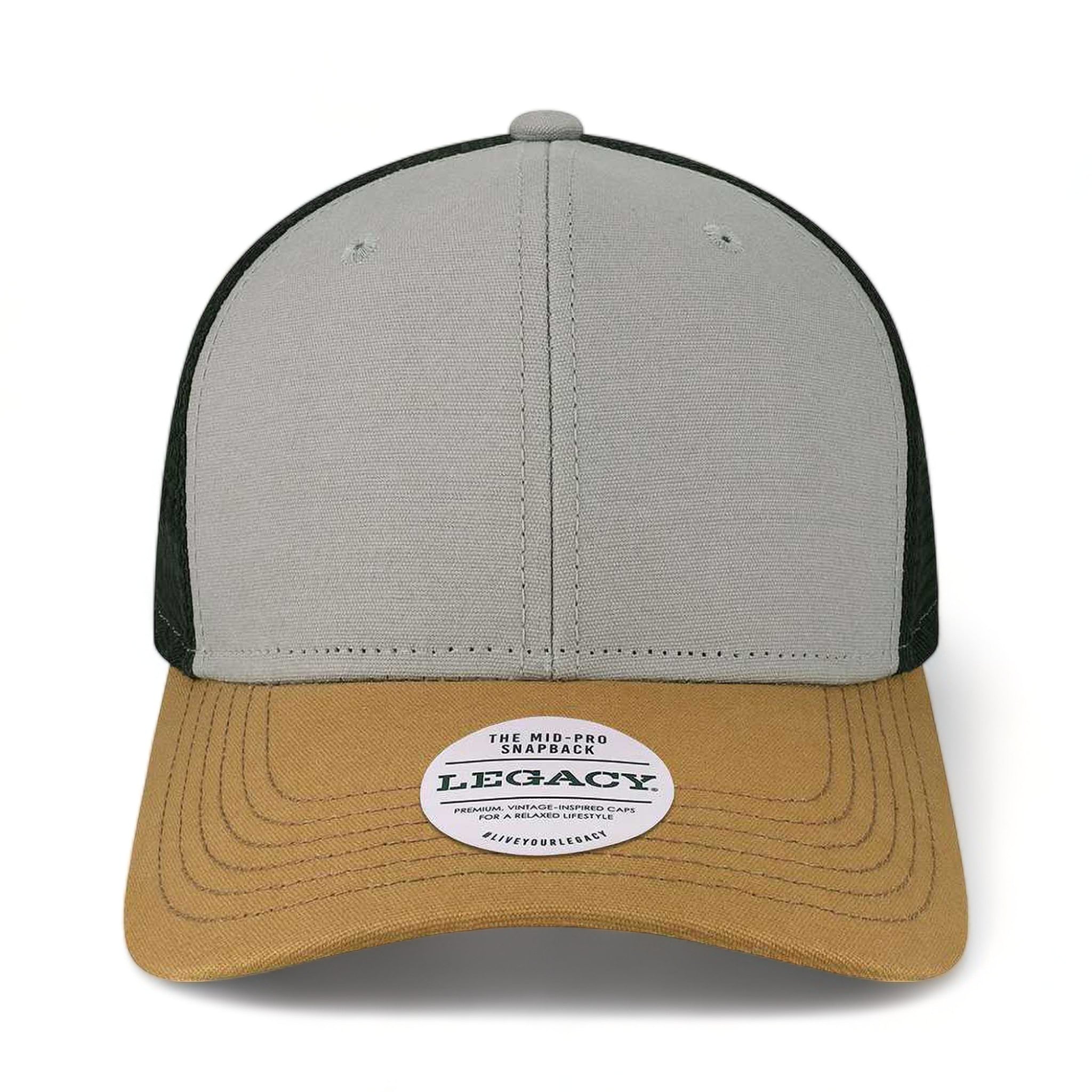 Front view of LEGACY MPS custom hat in grey, caramel and black