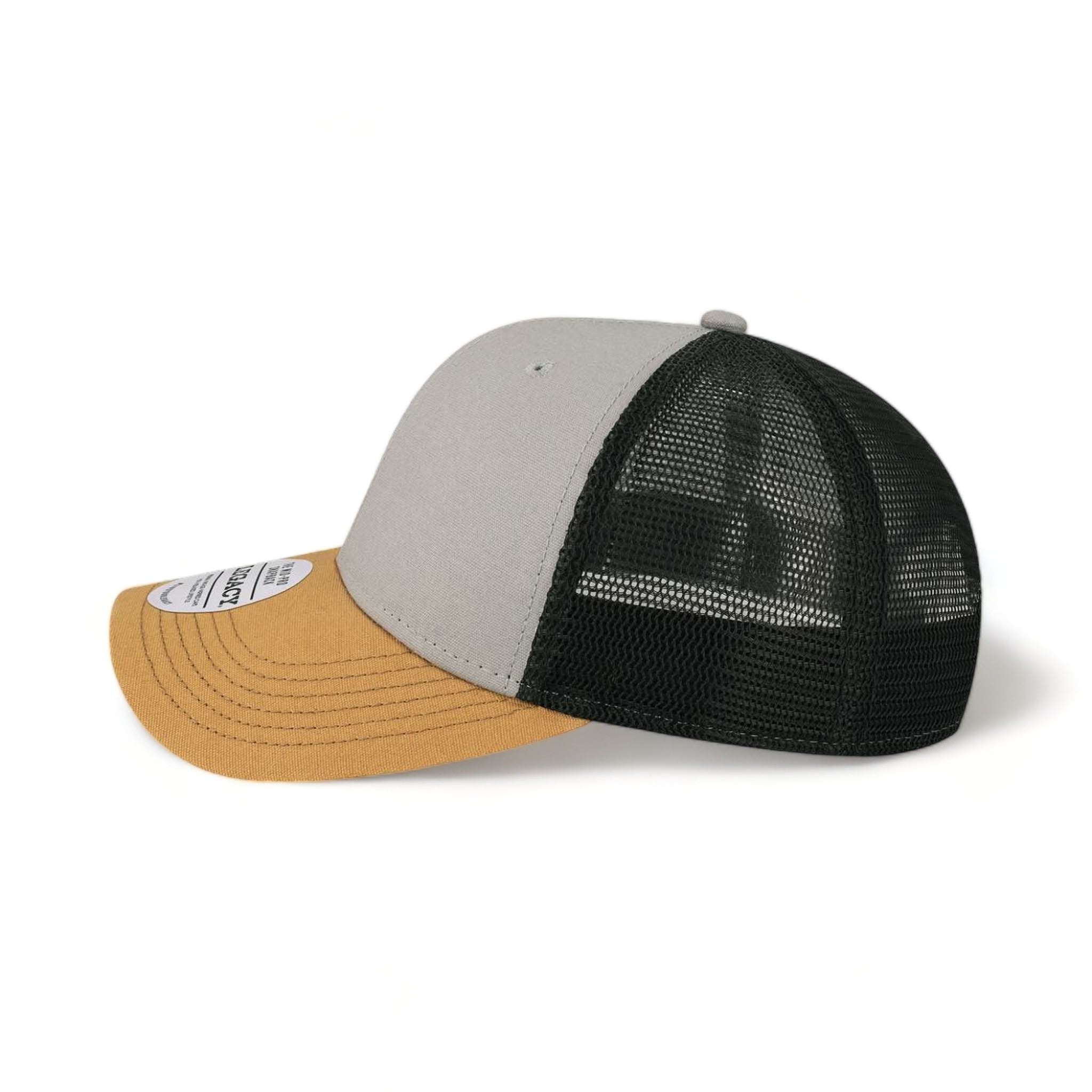 Side view of LEGACY MPS custom hat in grey, caramel and black