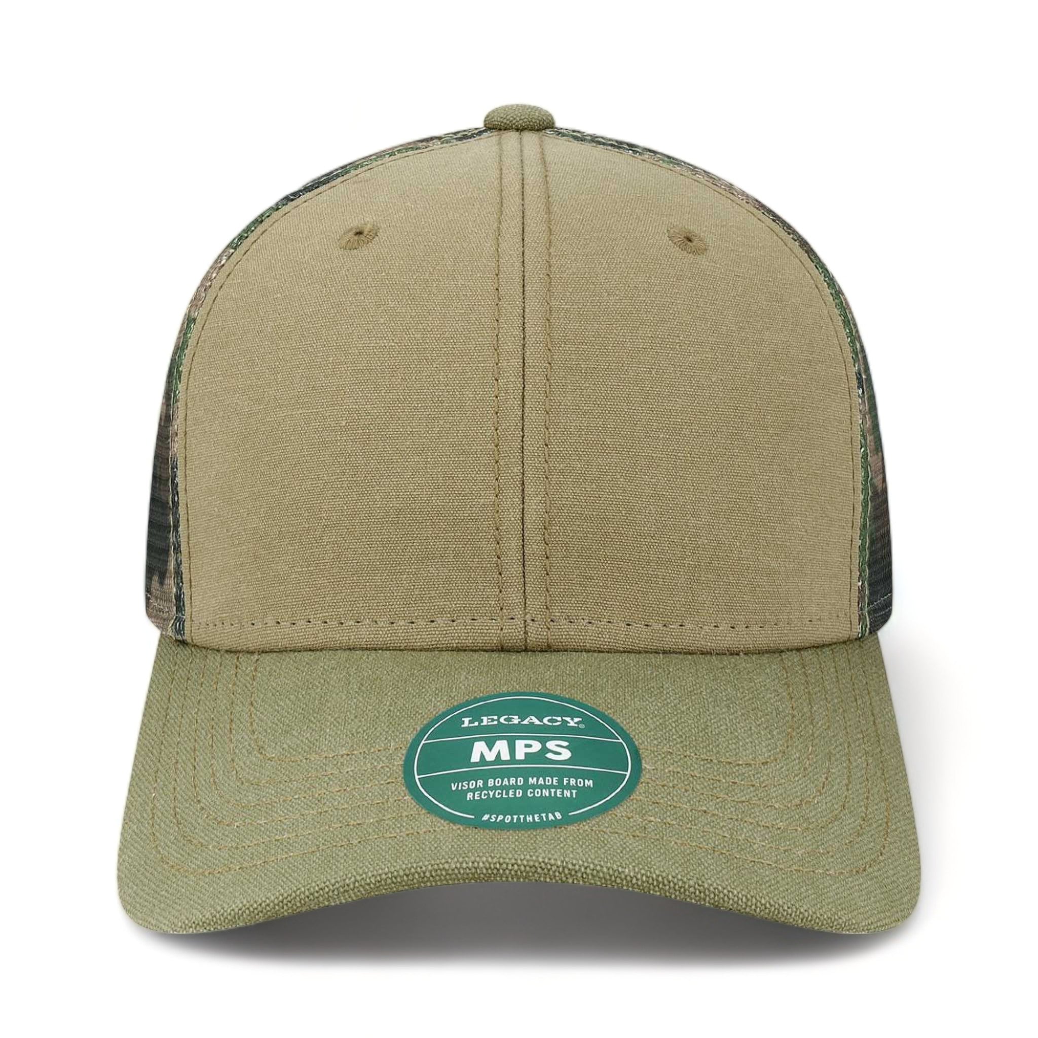 Front view of LEGACY MPS custom hat in khaki, sage and camo mesh