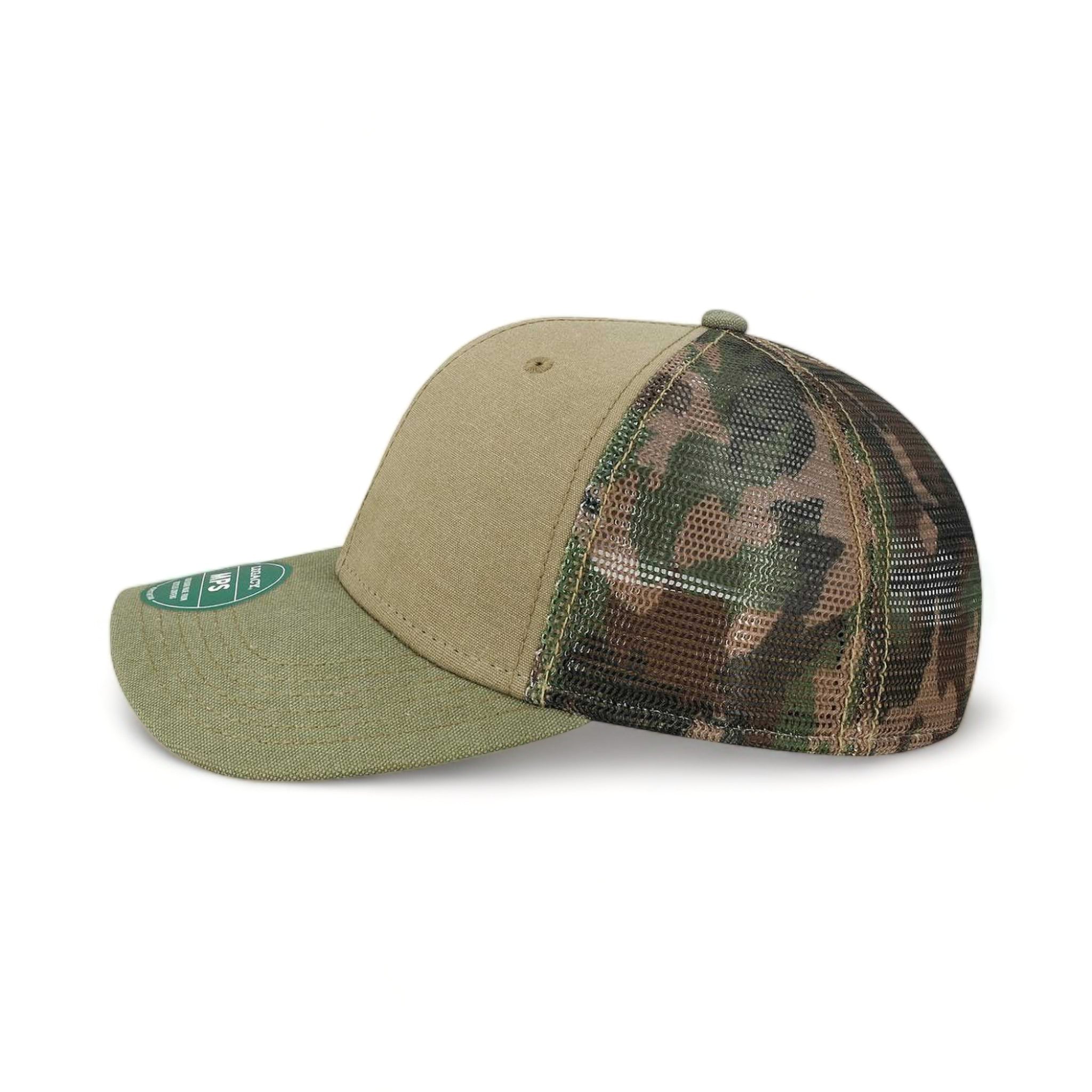 Side view of LEGACY MPS custom hat in khaki, sage and camo mesh