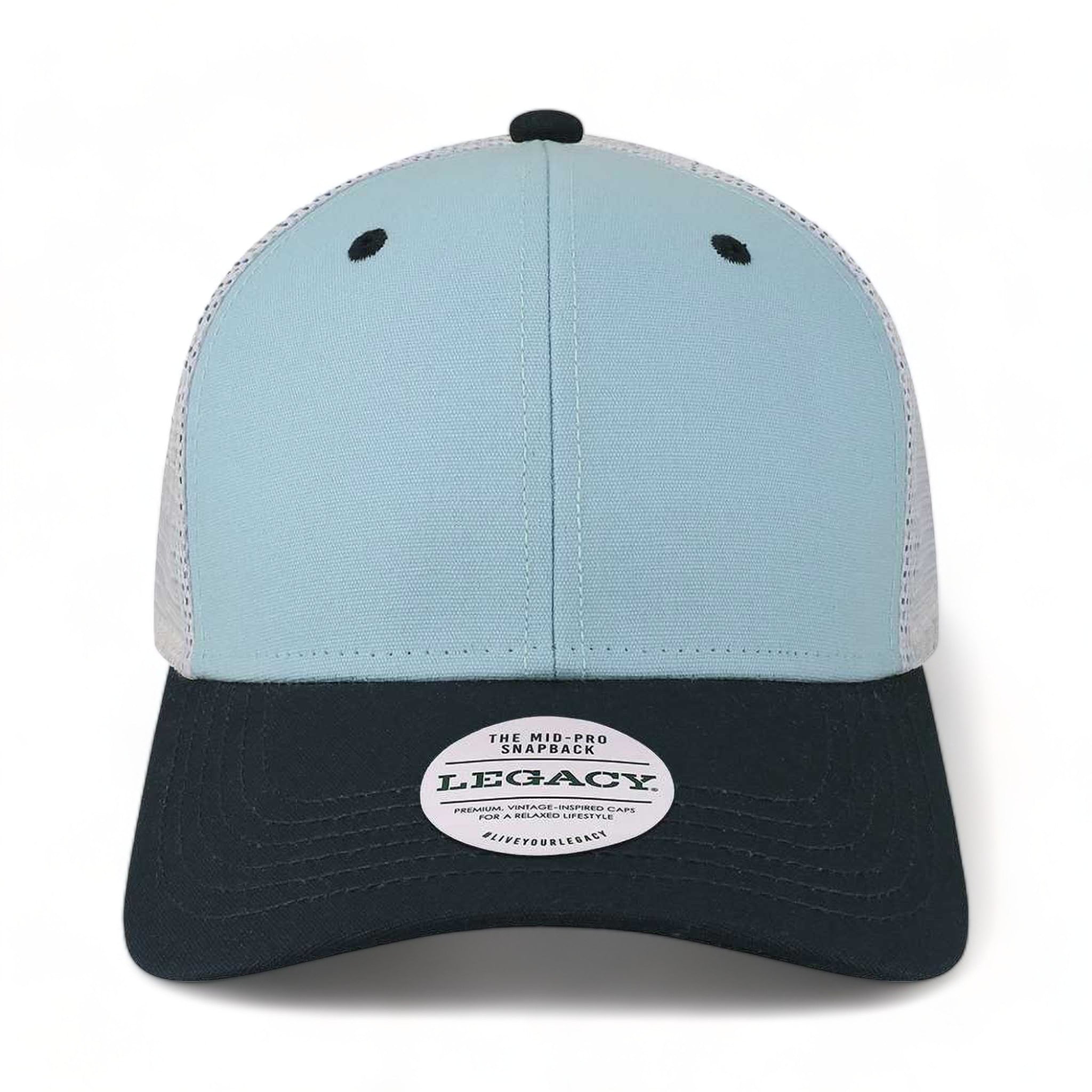 Front view of LEGACY MPS custom hat in light blue, navy and white