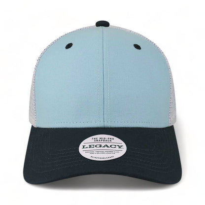 Front view of LEGACY MPS custom hat in light blue, navy and white