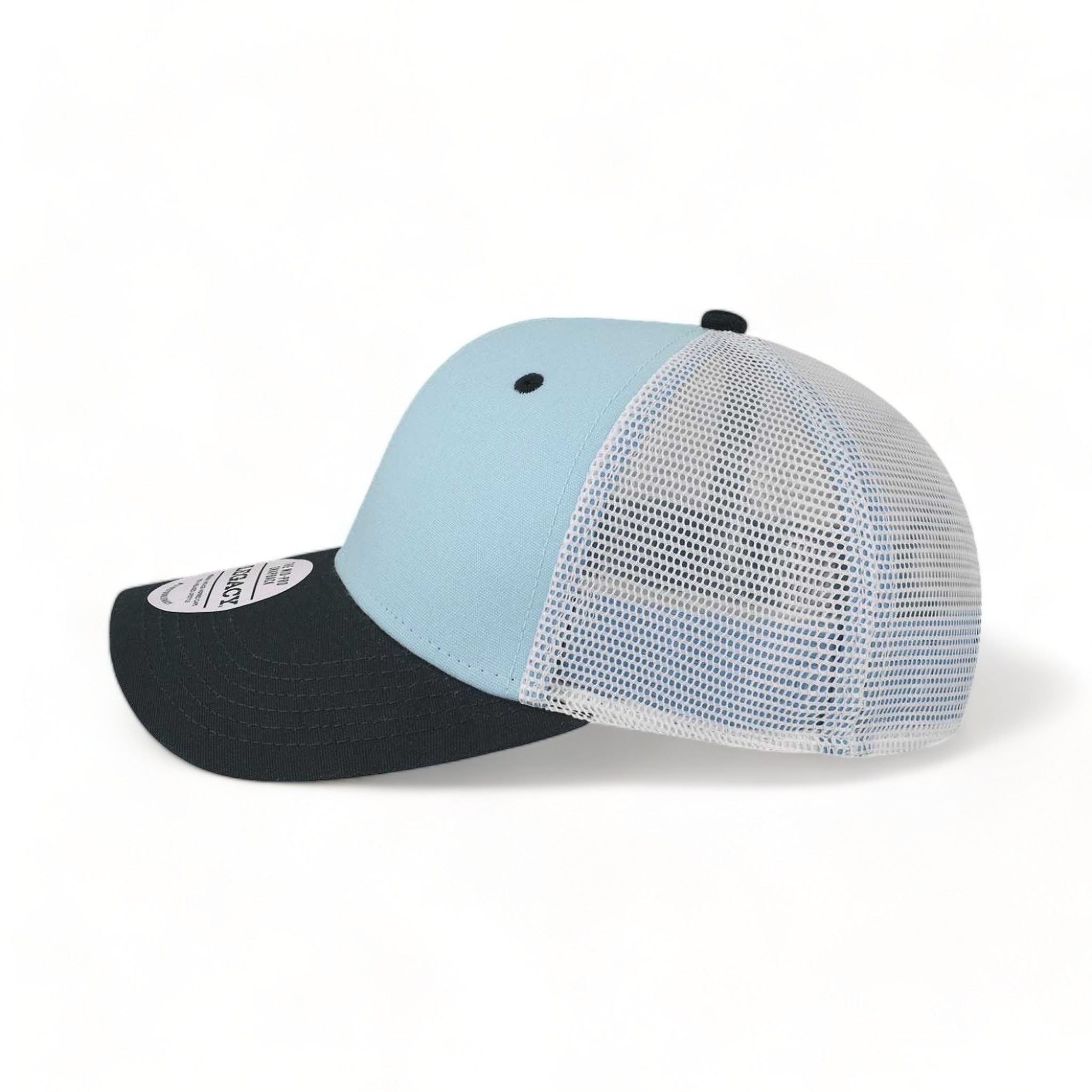Side view of LEGACY MPS custom hat in light blue, navy and white
