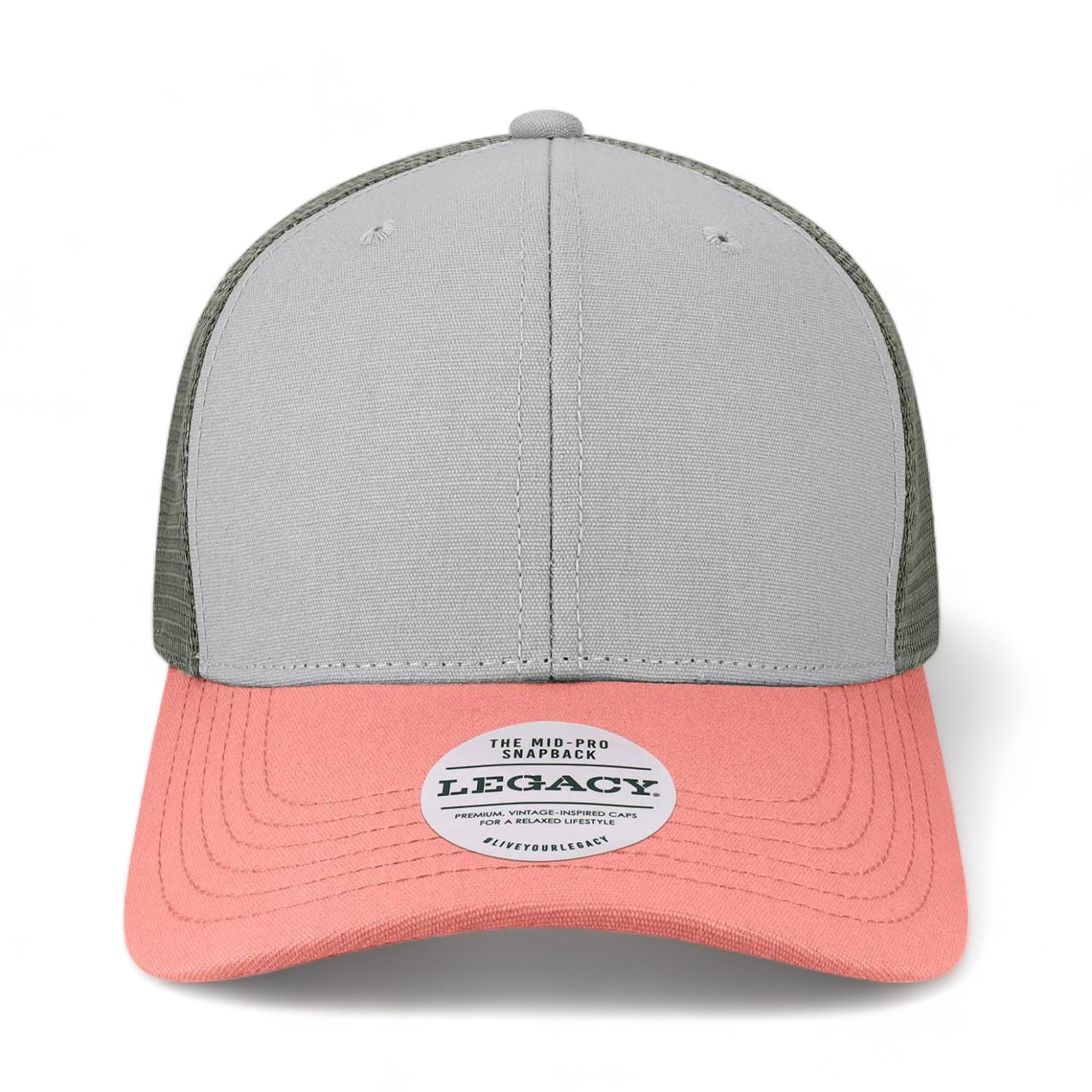 Front view of LEGACY MPS custom hat in light grey, salmon and dark grey